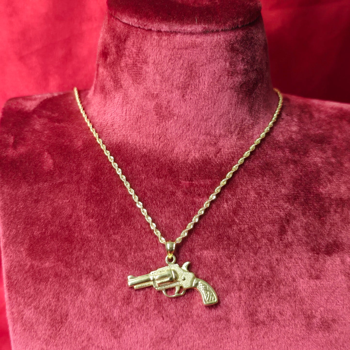 10K Yellow Gold Rope Chain with Textured Pistol Pendant | Western Gun Design Necklace