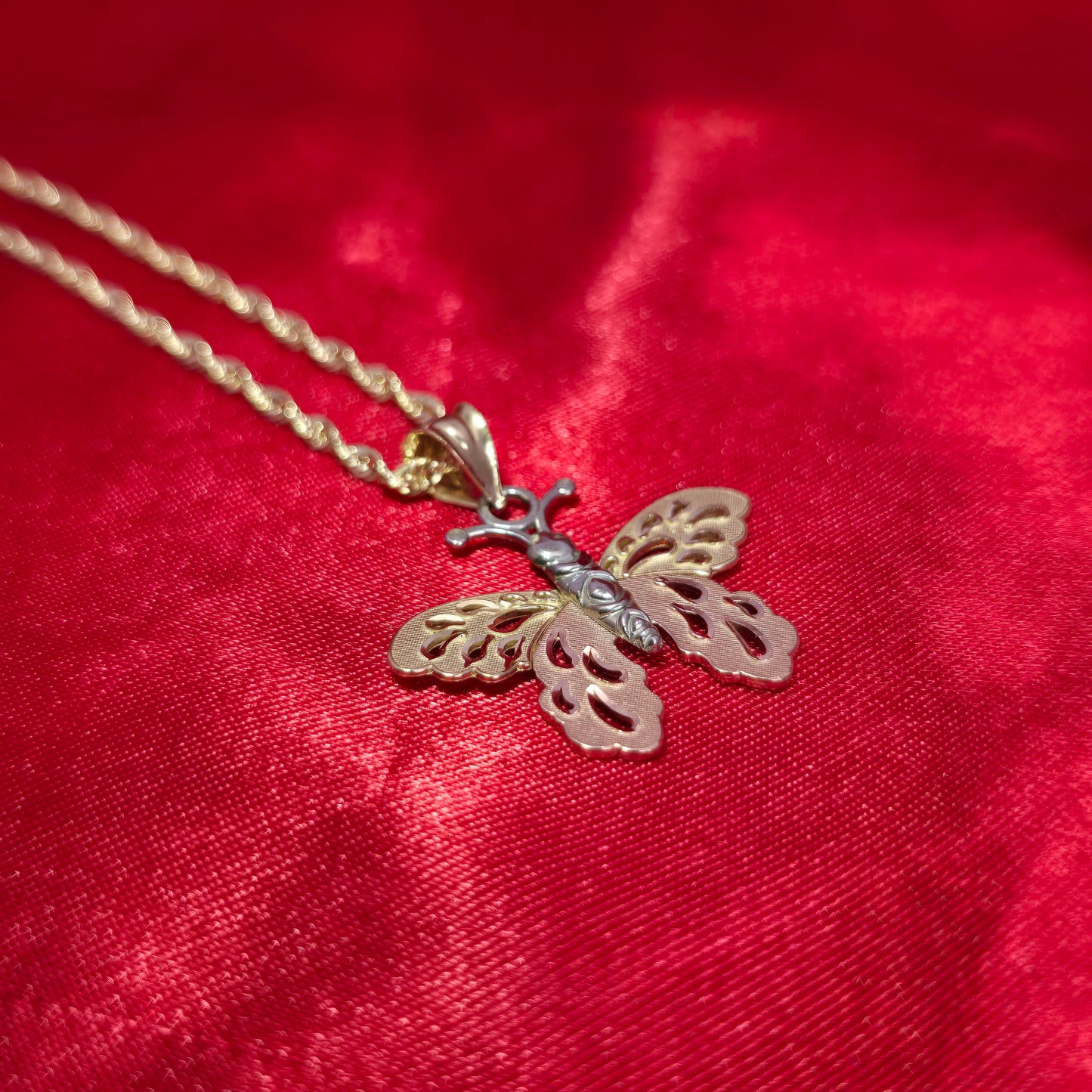 10K Two Tone Gold Butterly Pendant With 20" 10K Gold Rope Chain