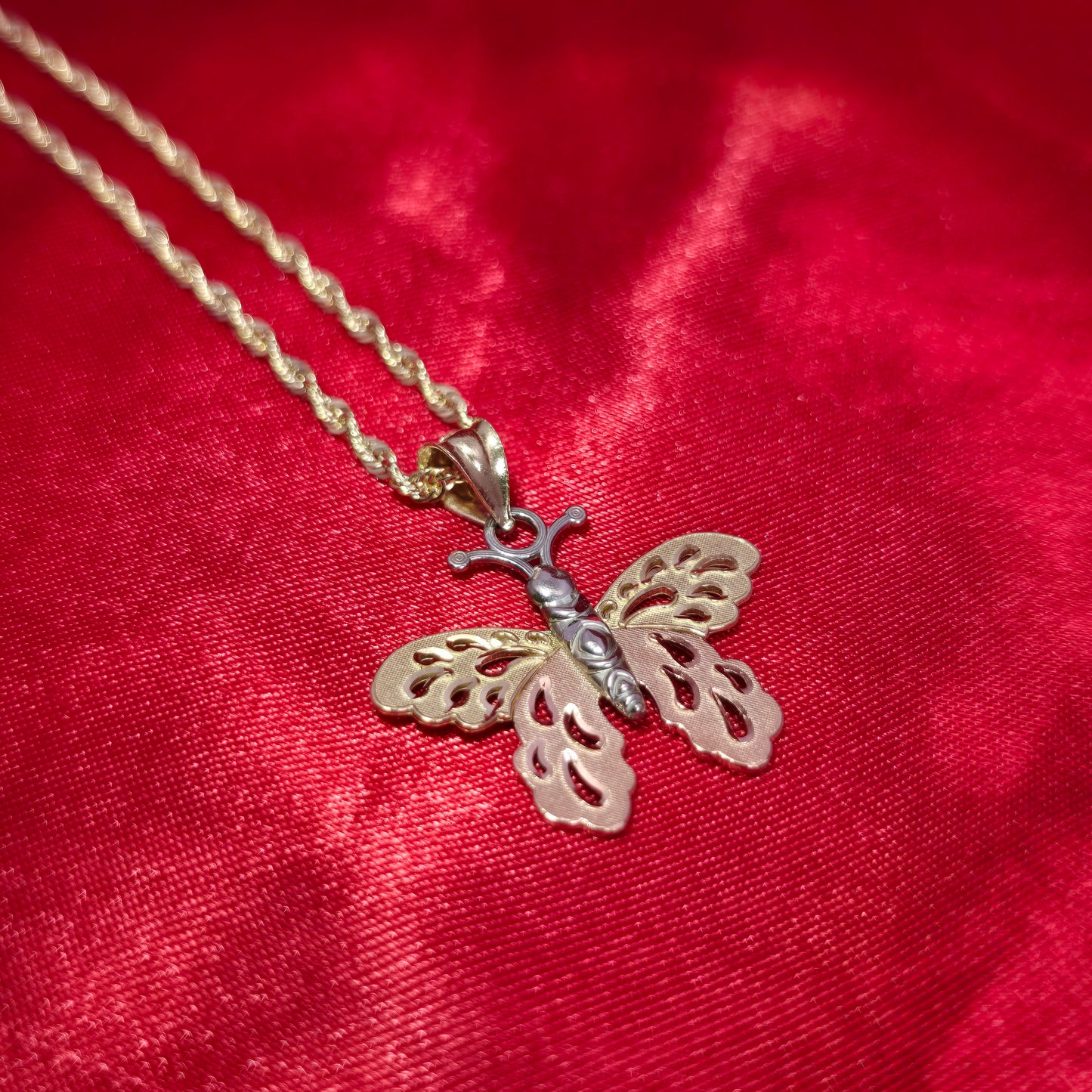 10K Two Tone Gold Butterly Pendant With 20" 10K Gold Rope Chain