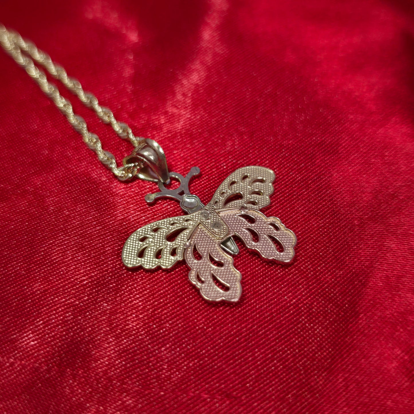 10K Two Tone Gold Butterly Pendant With 20" 10K Gold Rope Chain