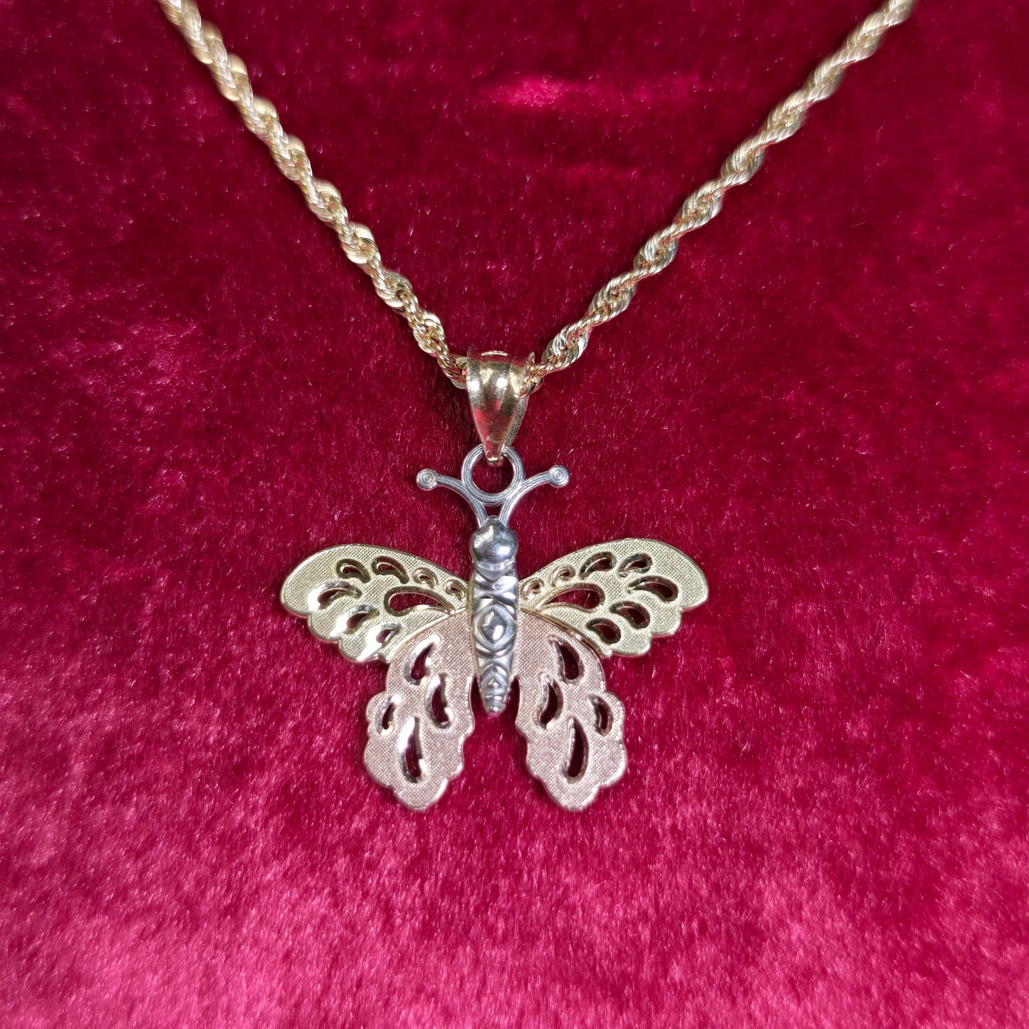 10K Two Tone Gold Butterly Pendant With 20" 10K Gold Rope Chain