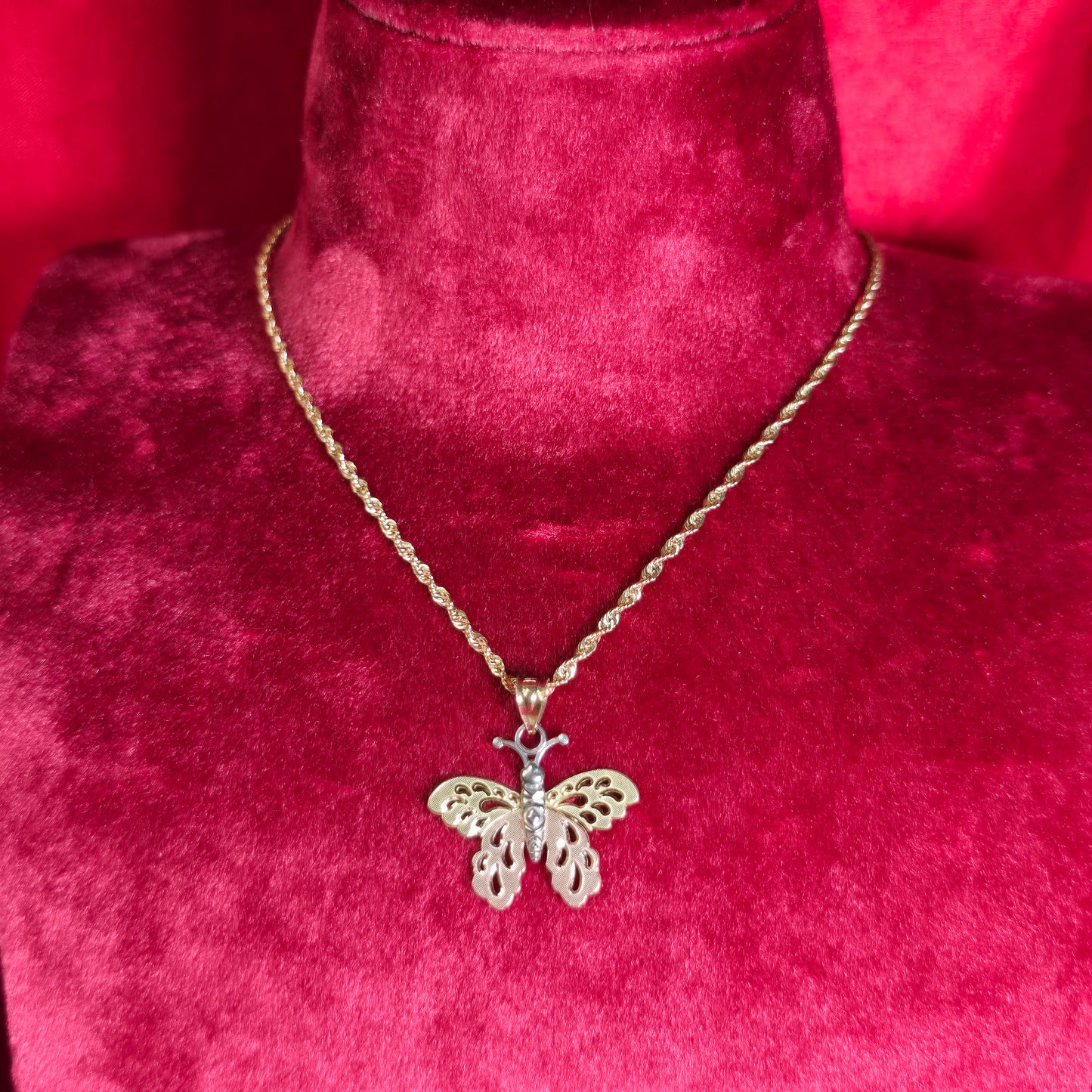 10K Two Tone Gold Butterly Pendant With 20" 10K Gold Rope Chain