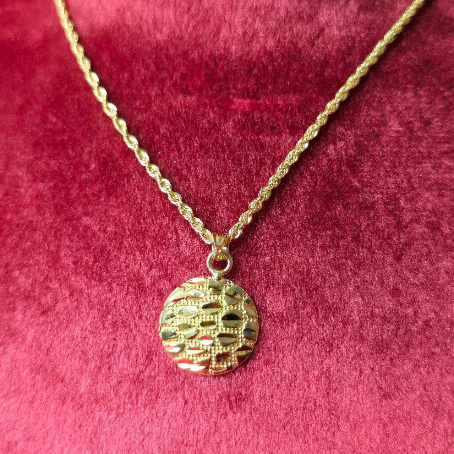 10K Yellow Gold Rope Chain with Small Round Nugget Pendant | Textured Circle Design