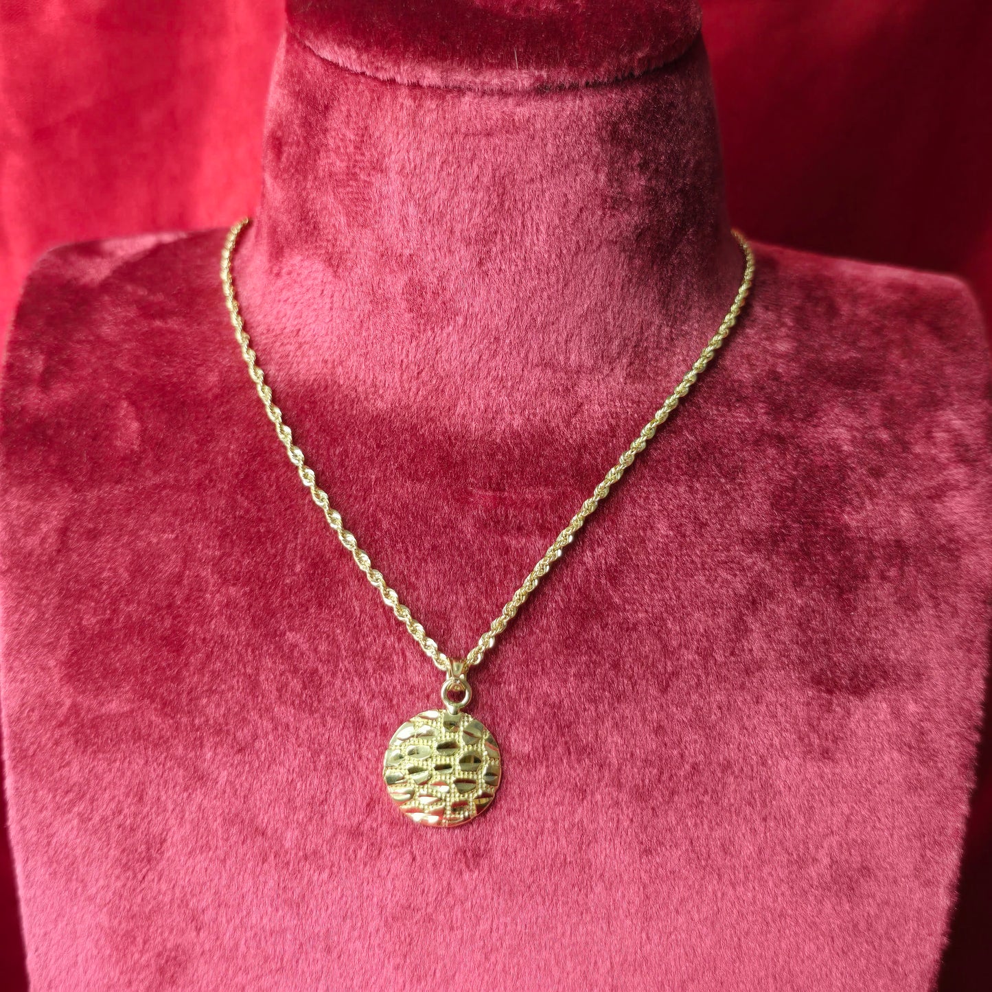 10K Yellow Gold Rope Chain with Small Round Nugget Pendant | Textured Circle Design