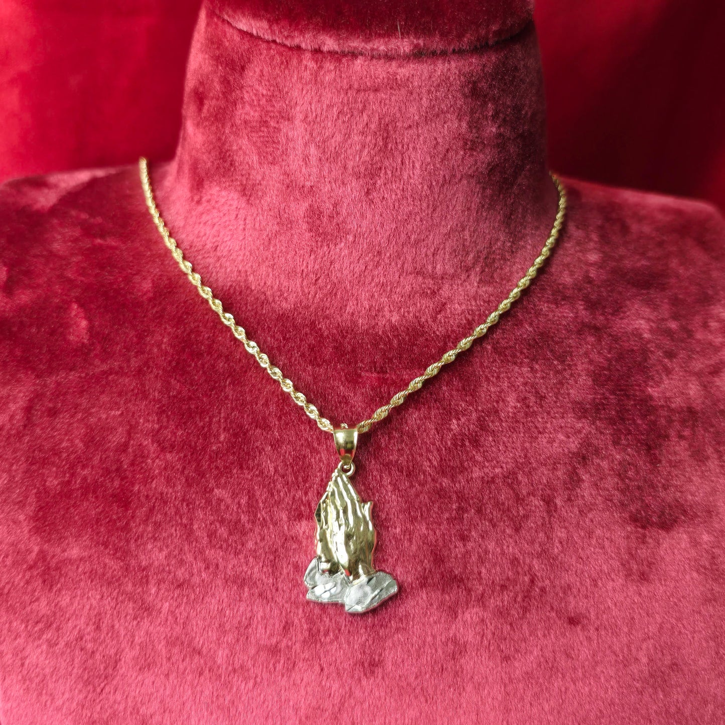 10K Yellow Gold Rope Chain with Praying Hands Pendant | Two-Tone Religious Design