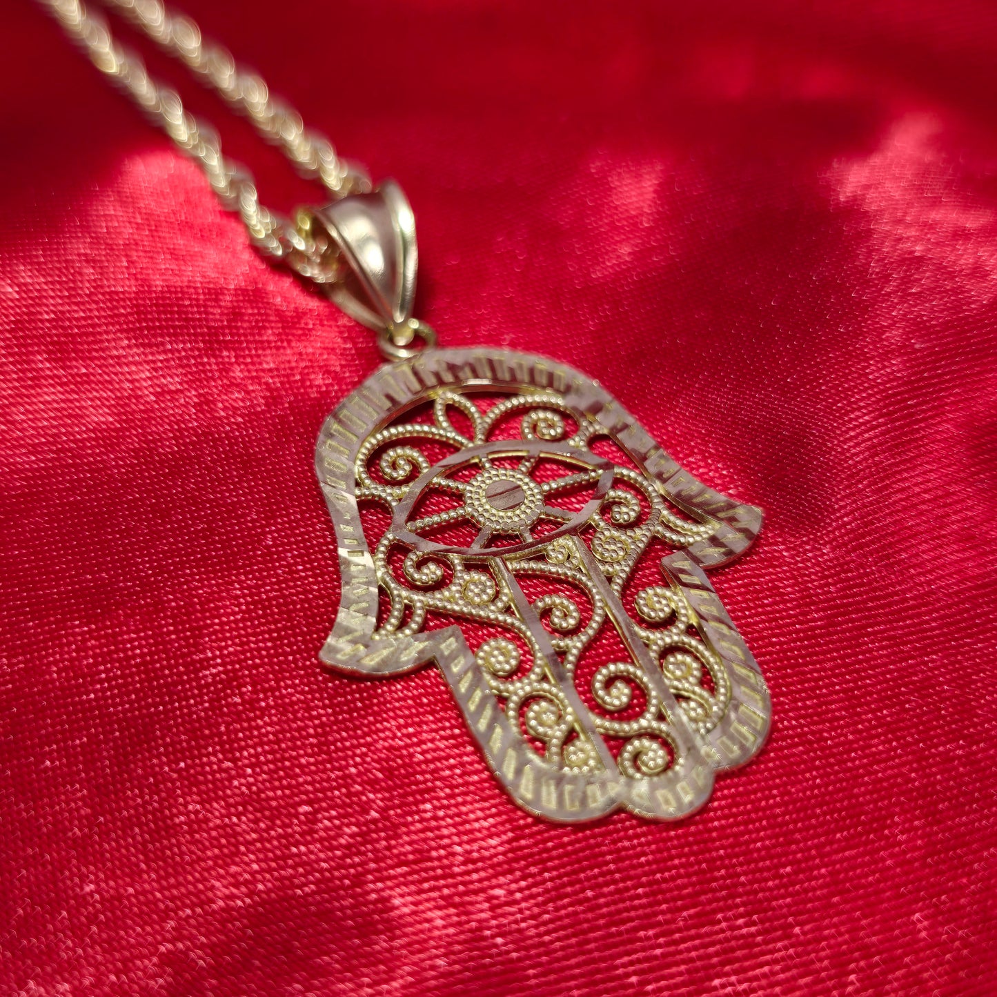 10K Yellow Gold Rope Chain with Hamsa Hand Pendant | Filigree Eye of Protection Design