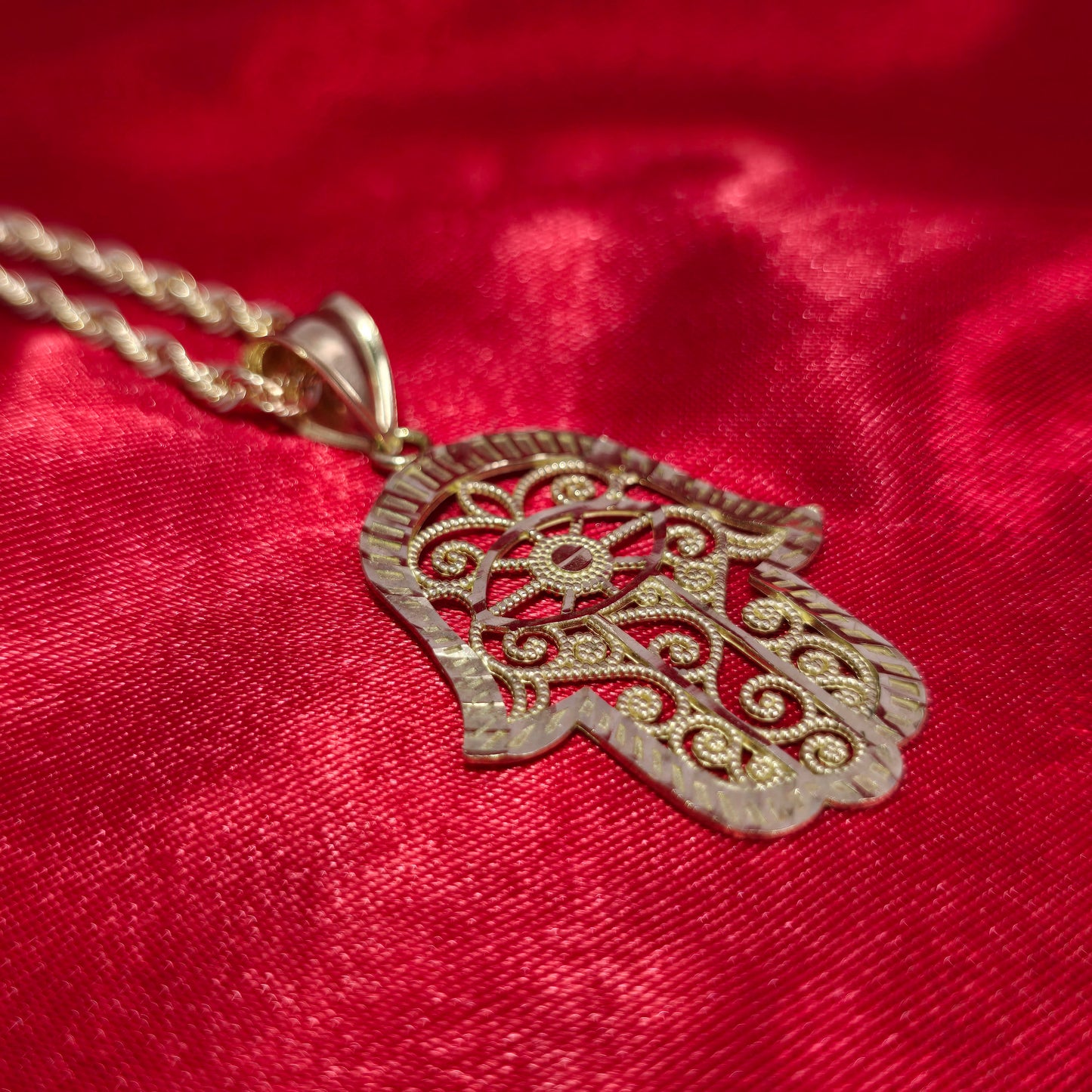 10K Yellow Gold Rope Chain with Hamsa Hand Pendant | Filigree Eye of Protection Design