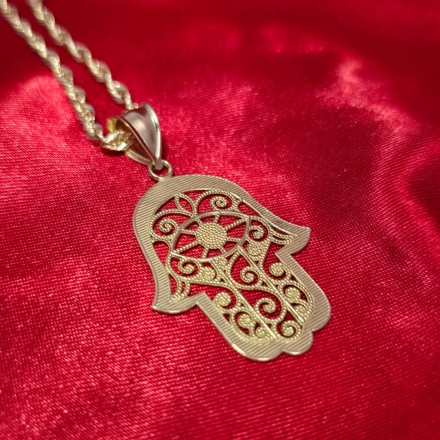 10K Yellow Gold Rope Chain with Hamsa Hand Pendant | Filigree Eye of Protection Design