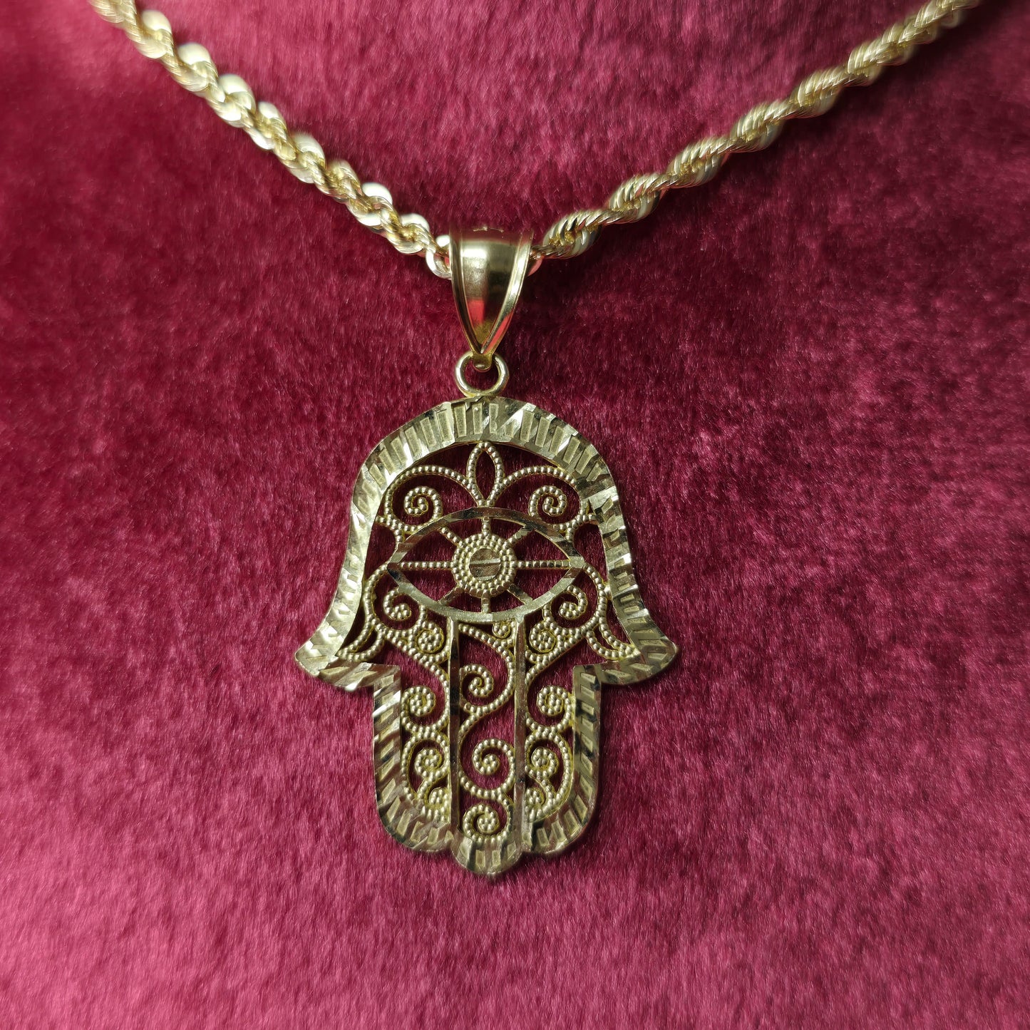 10K Yellow Gold Rope Chain with Hamsa Hand Pendant | Filigree Eye of Protection Design