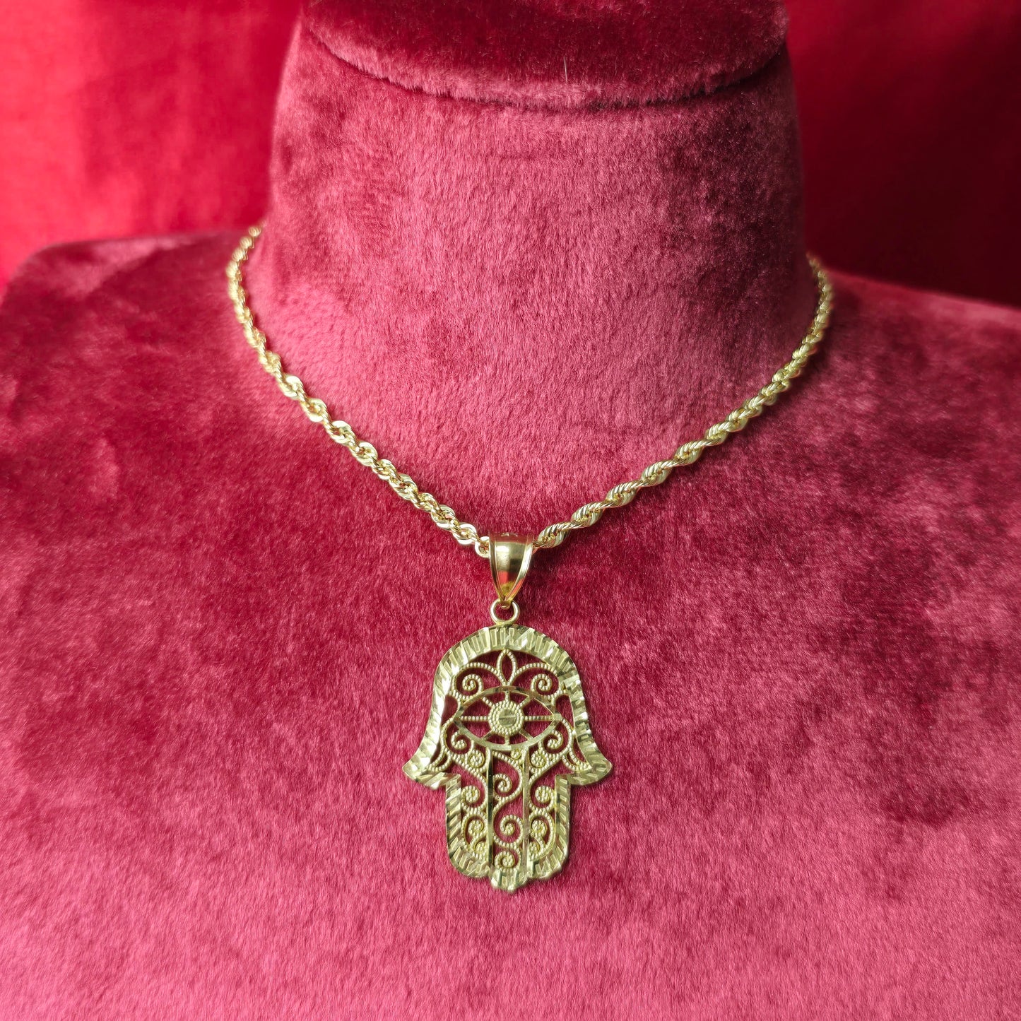 10K Yellow Gold Rope Chain with Hamsa Hand Pendant | Filigree Eye of Protection Design