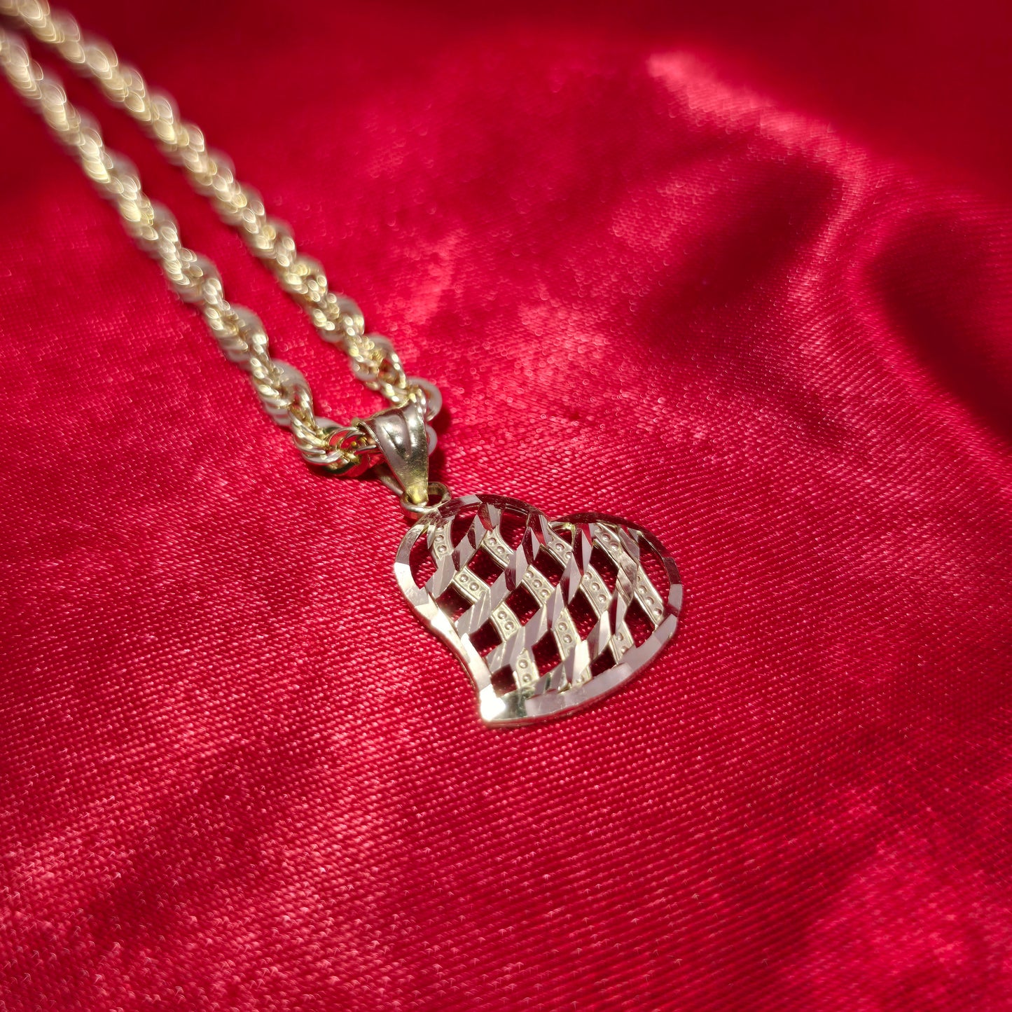 10K Yellow Gold Rope Chain with Diamond-Cut Heart Pendant | Open Lattice Design