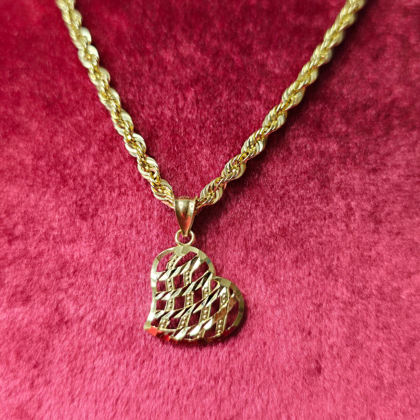 10K Yellow Gold Rope Chain with Diamond-Cut Heart Pendant | Open Lattice Design