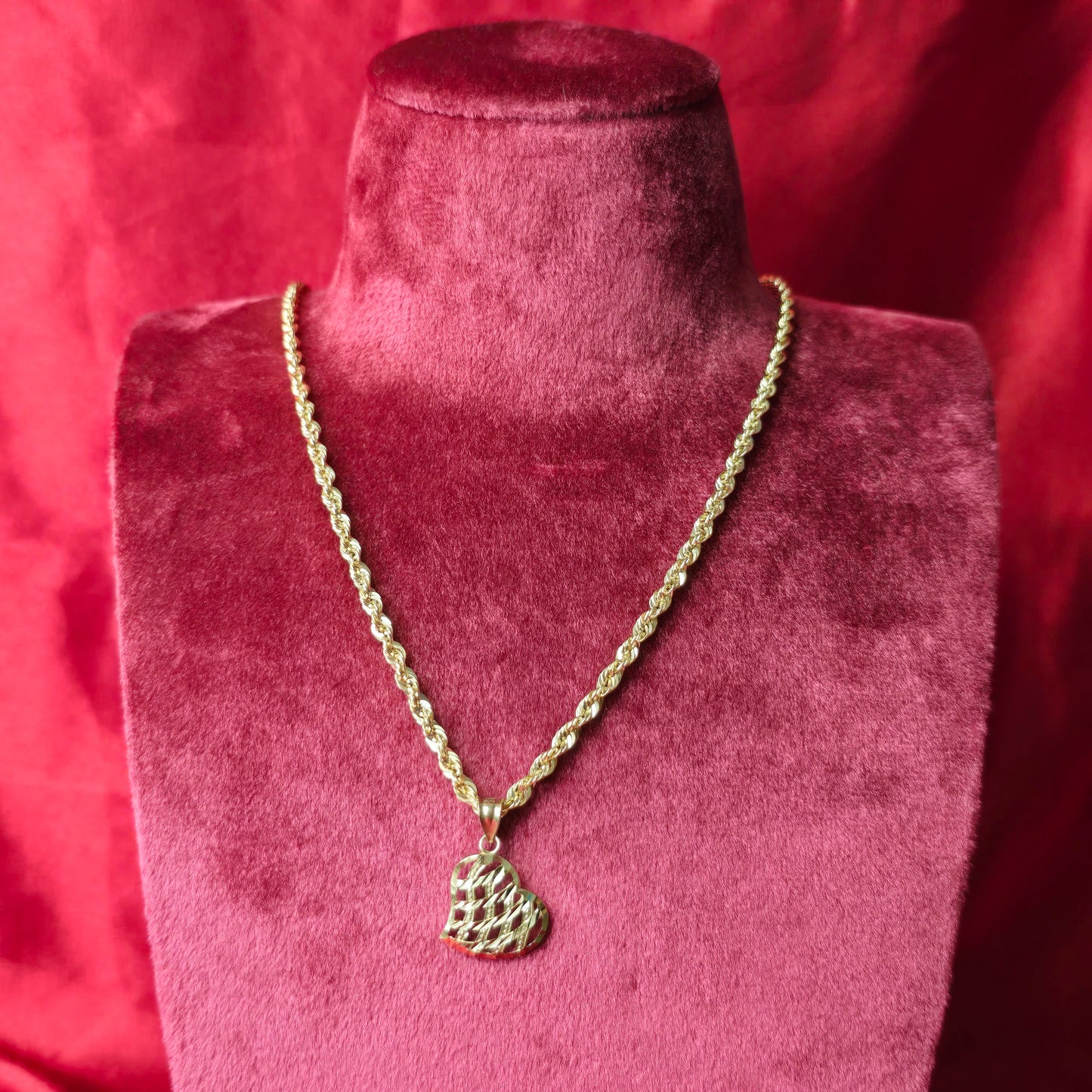 10K Yellow Gold Rope Chain with Diamond-Cut Heart Pendant | Open Lattice Design