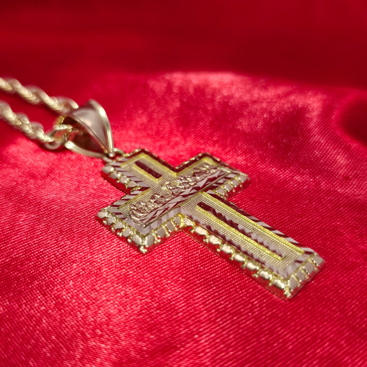 10K Yellow Gold Rope Chain with Last Supper Cross Pendant | Diamond-Cut Religious Necklace