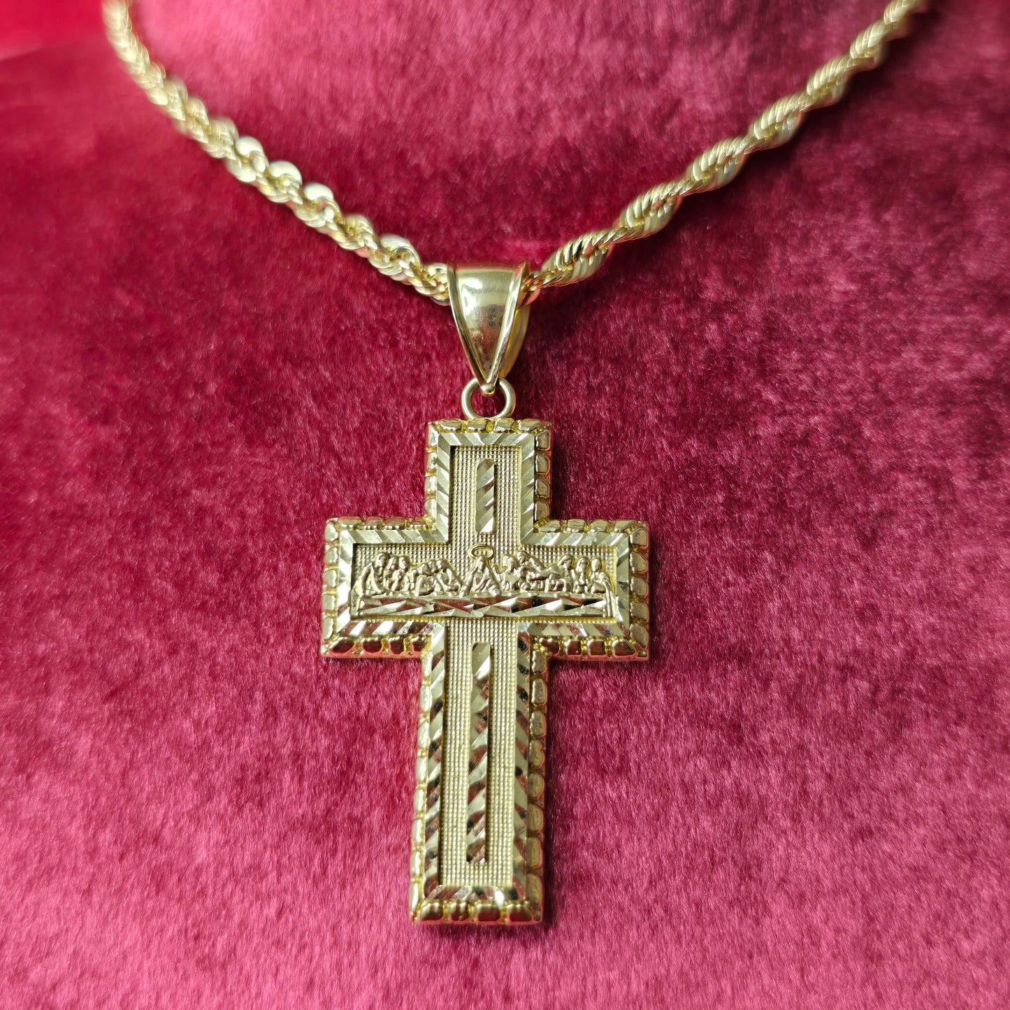 10K Yellow Gold Rope Chain with Last Supper Cross Pendant | Diamond-Cut Religious Necklace