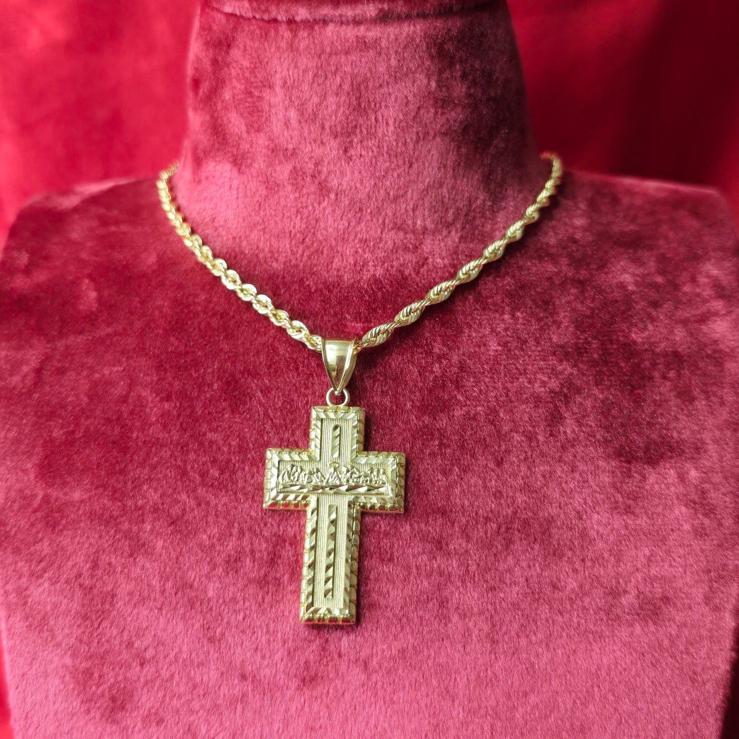 10K Yellow Gold Rope Chain with Last Supper Cross Pendant | Diamond-Cut Religious Necklace