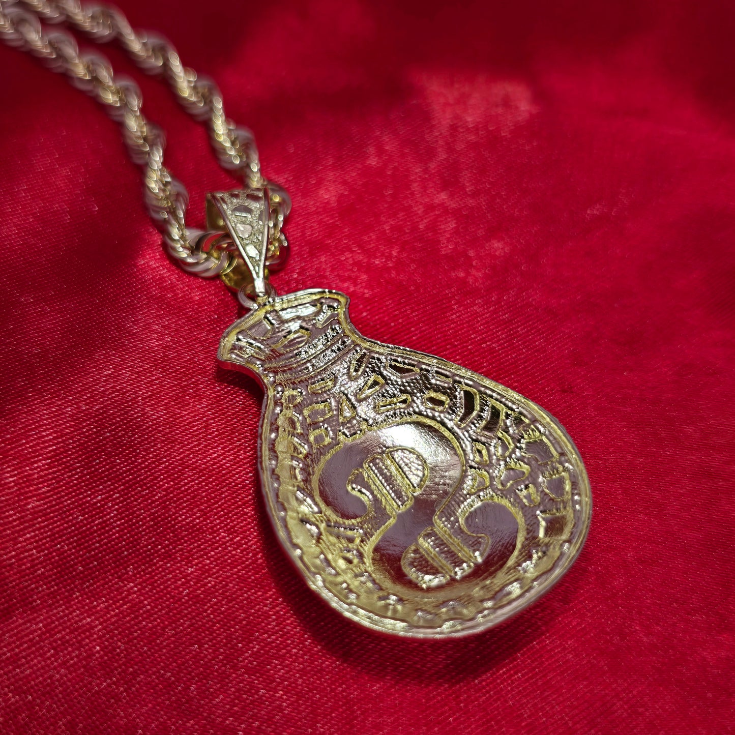10K Yellow Gold Rope Chain with Diamond-Cut Money Bag Pendant | Success & Wealth Symbol