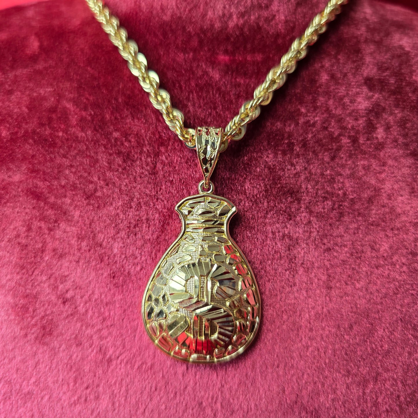 10K Yellow Gold Rope Chain with Diamond-Cut Money Bag Pendant | Success & Wealth Symbol