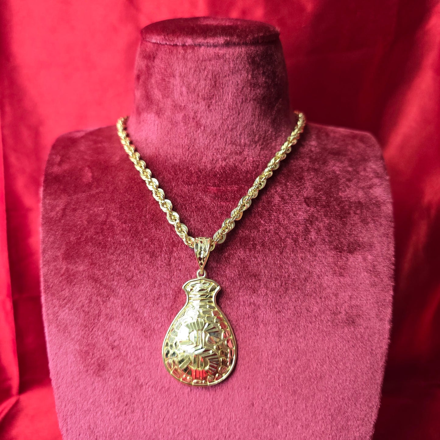 10K Yellow Gold Rope Chain with Diamond-Cut Money Bag Pendant | Success & Wealth Symbol
