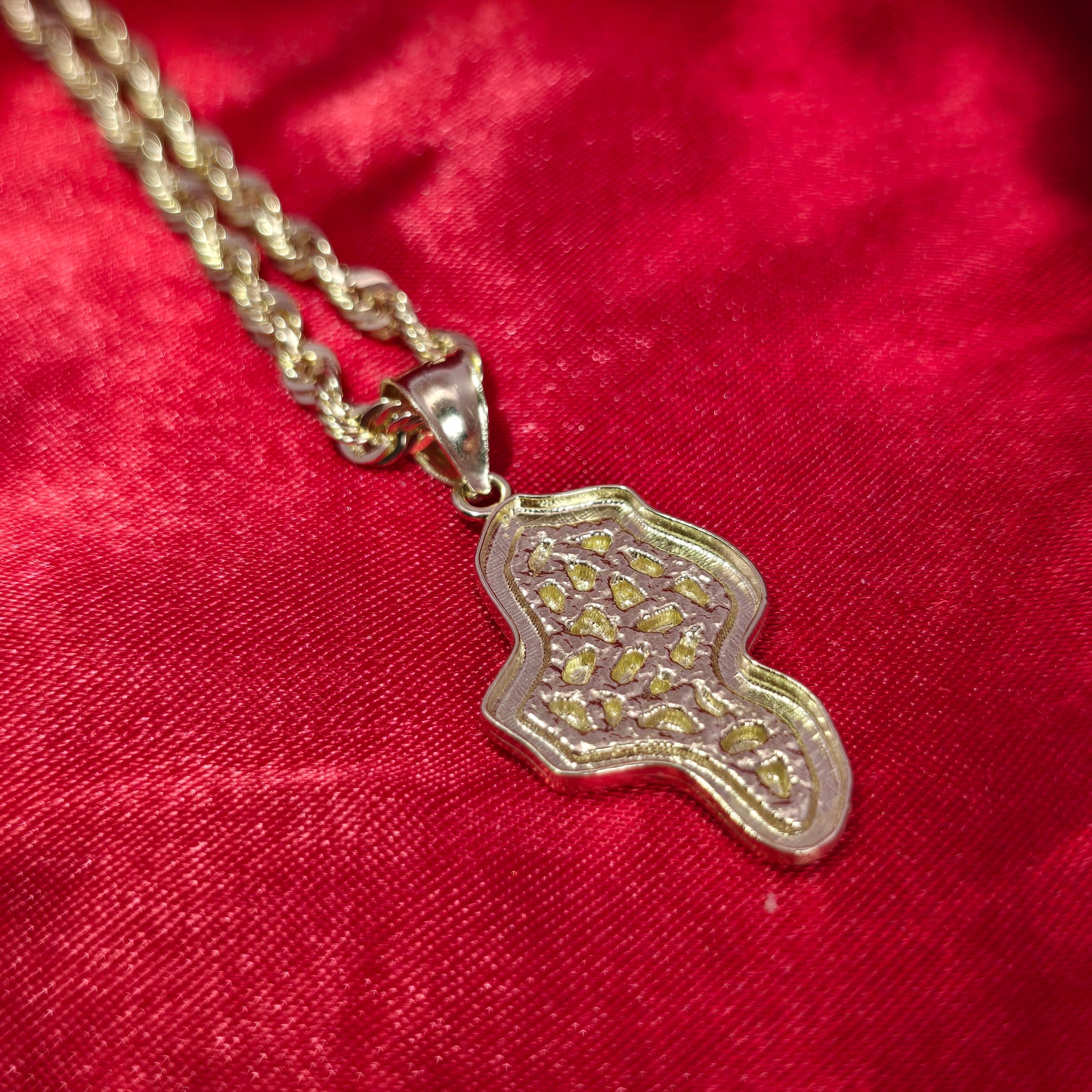 10K Gold Africa Map Pendant With Nugget and 10K Rope Chain 20"