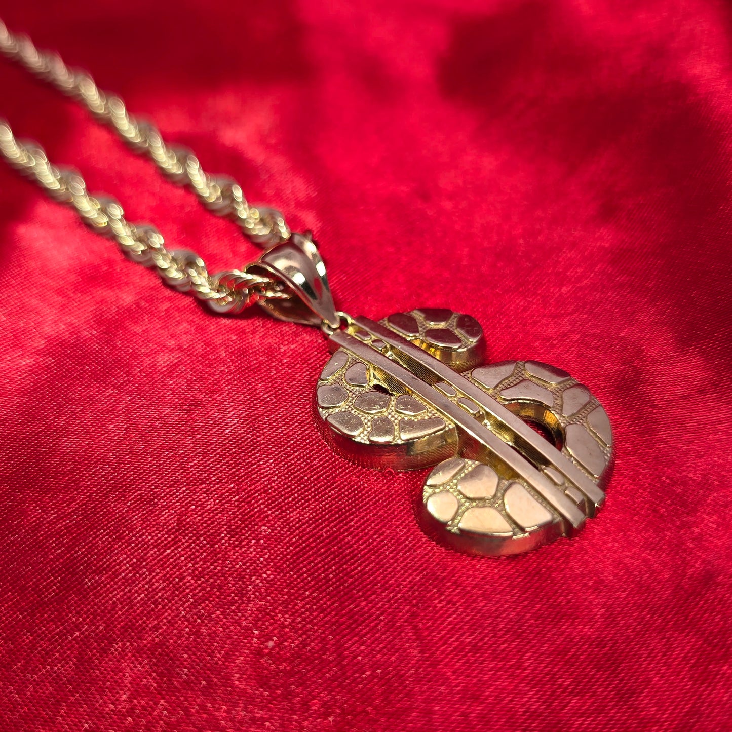 10K Elegant Dollar Sign Pendant With Gold Nugget and 10K Rope Chain 20"