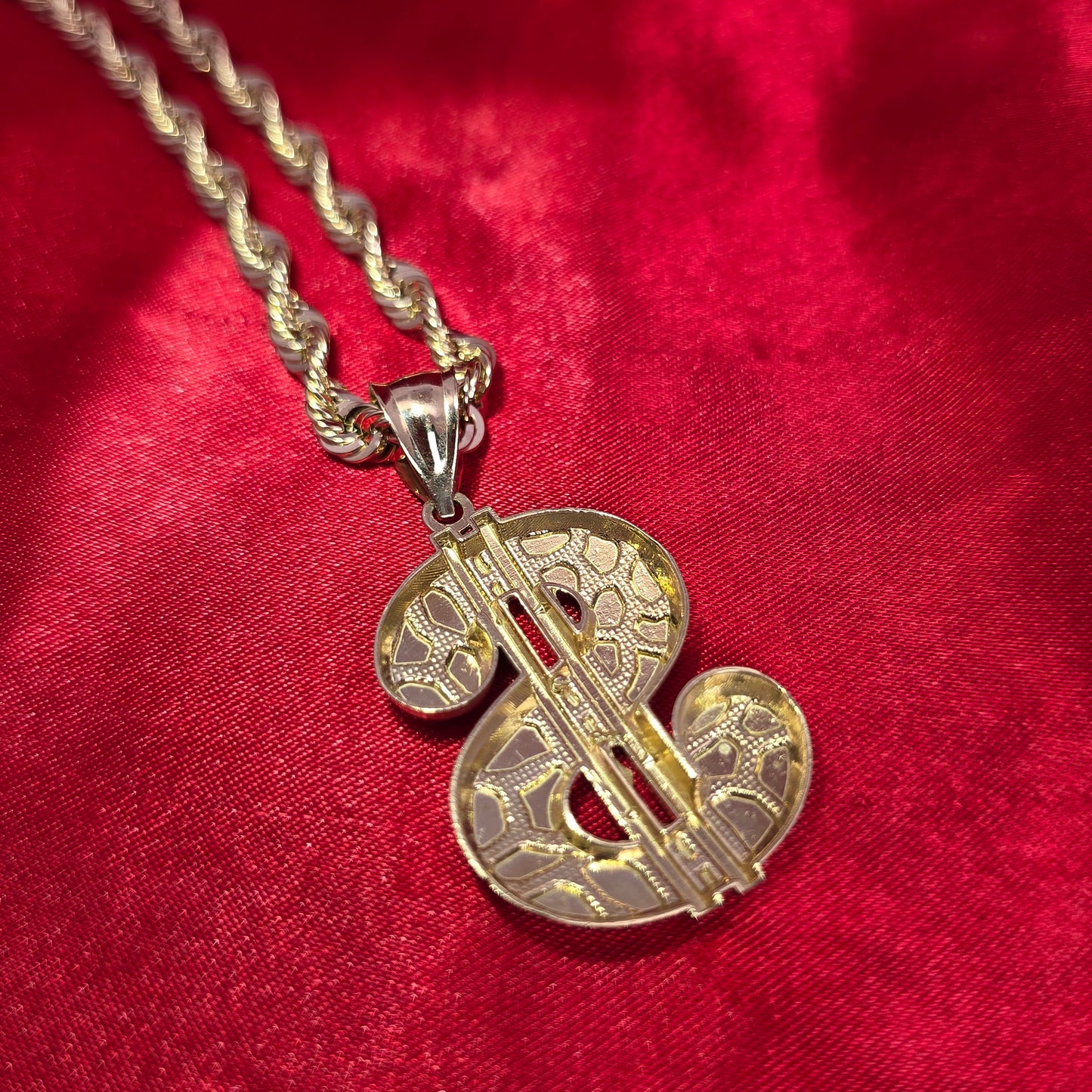 10K Elegant Dollar Sign Pendant With Gold Nugget and 10K Rope Chain 20"