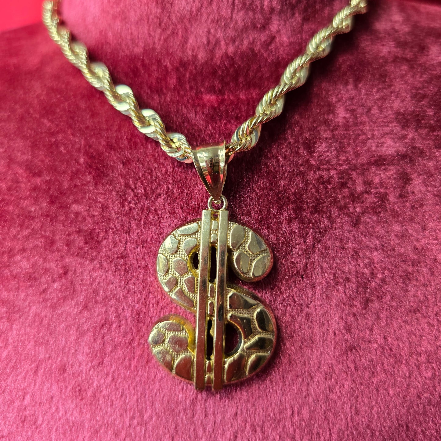 10K Elegant Dollar Sign Pendant With Gold Nugget and 10K Rope Chain 20"