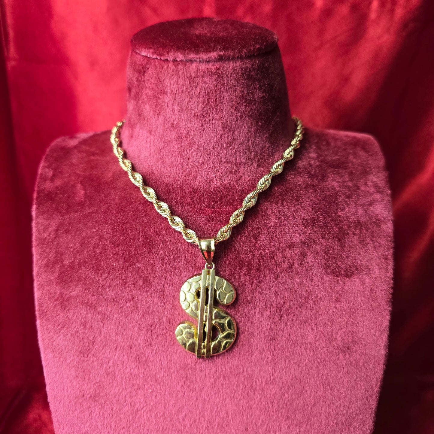 10K Elegant Dollar Sign Pendant With Gold Nugget and 10K Rope Chain 20"