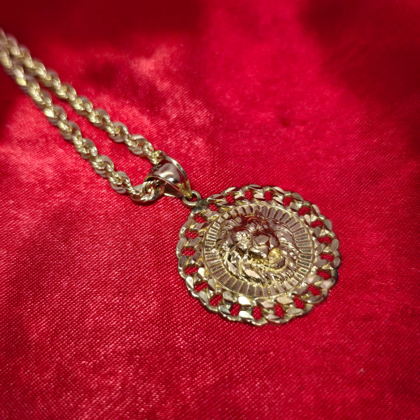 10K Yellow Gold Rope Chain with Lion Head Pendant | Round Cuban Border Medallion