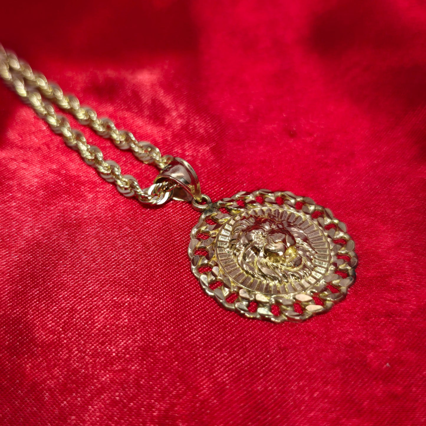 10K Yellow Gold Rope Chain with Lion Head Pendant | Round Cuban Border Medallion