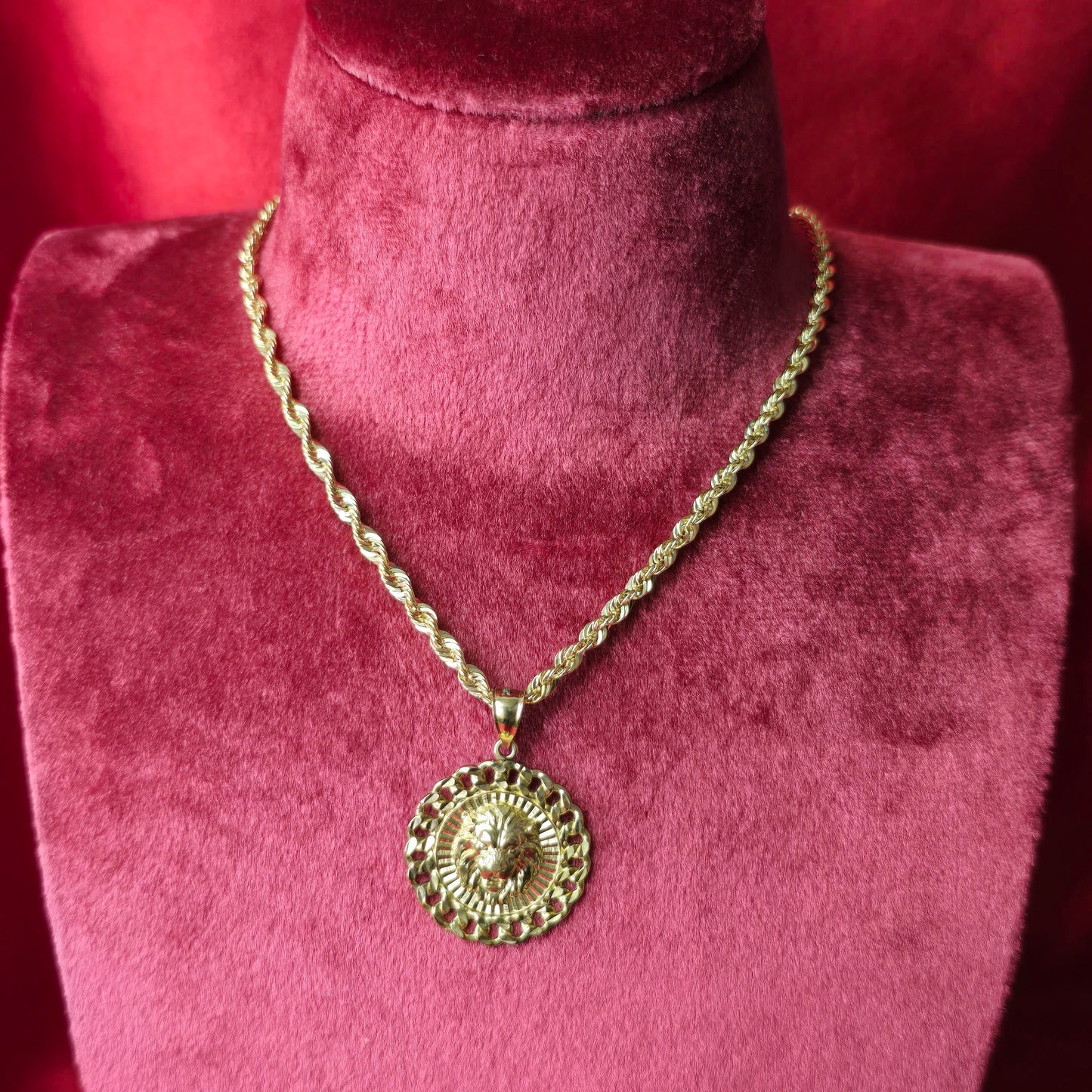 10K Yellow Gold Rope Chain with Lion Head Pendant | Round Cuban Border Medallion
