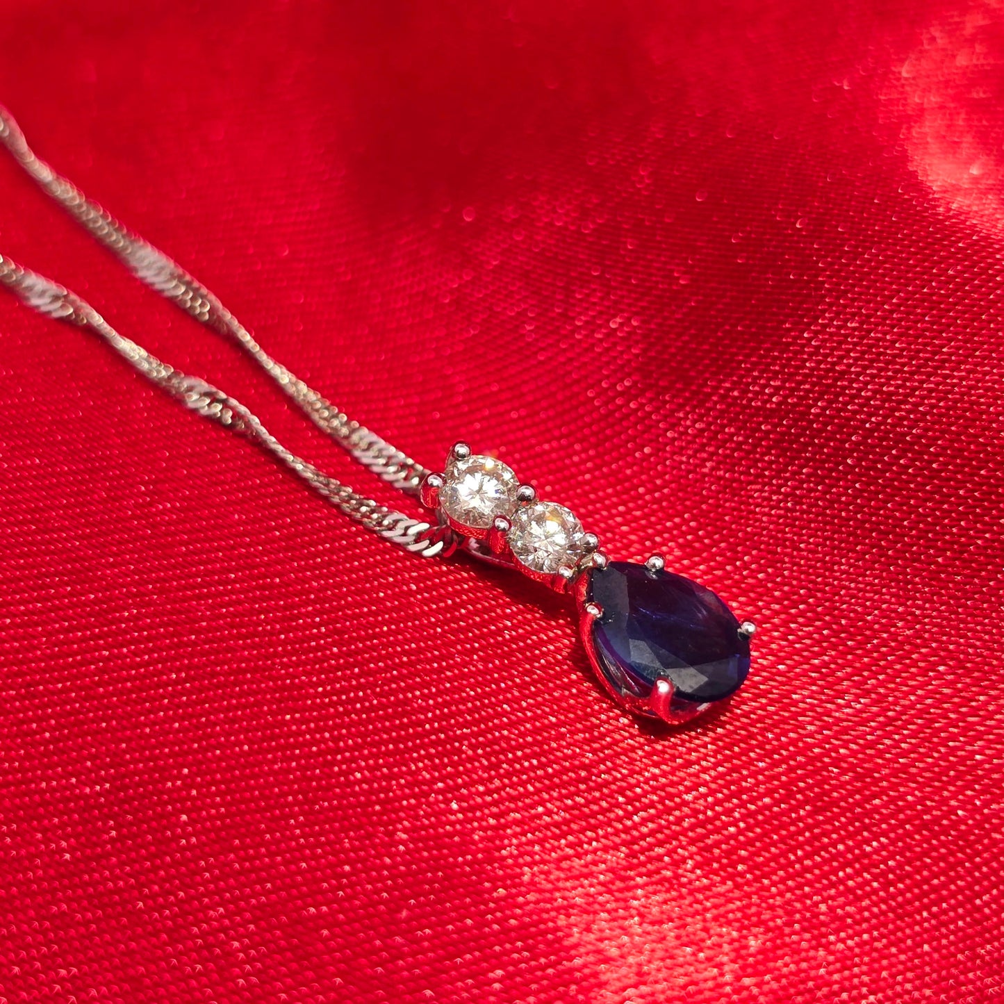 18K White Gold Blue Sapphire Pendant with Diamond Twisted Curb Chain | 1/5 CTW Necklace for Women
