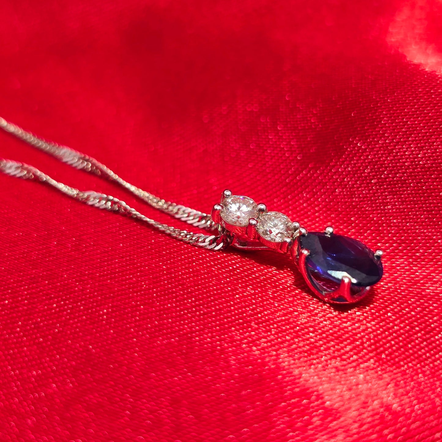 18K White Gold Blue Sapphire Pendant with Diamond Twisted Curb Chain | 1/5 CTW Necklace for Women