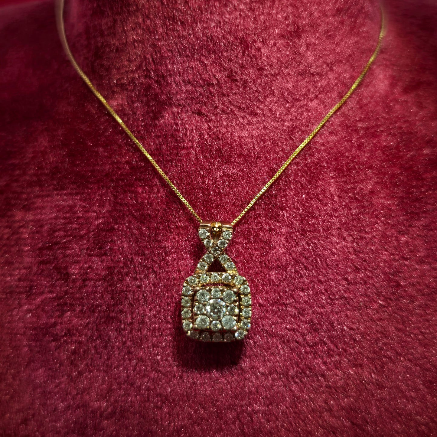10K Yellow Gold Diamond Square Cluster Pendant with Box Chain | Women’s Necklace