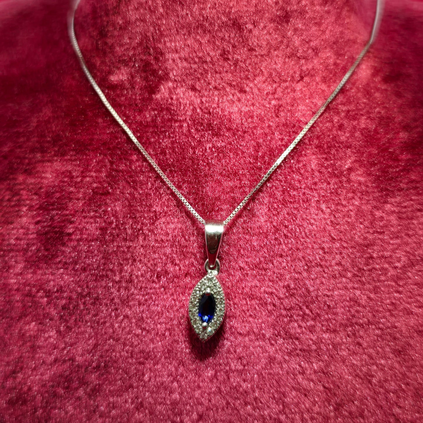 10K White Gold Marquise Sapphire Pendant with Diamond Halo & Box Chain | 0.27 CTW Necklace for Women