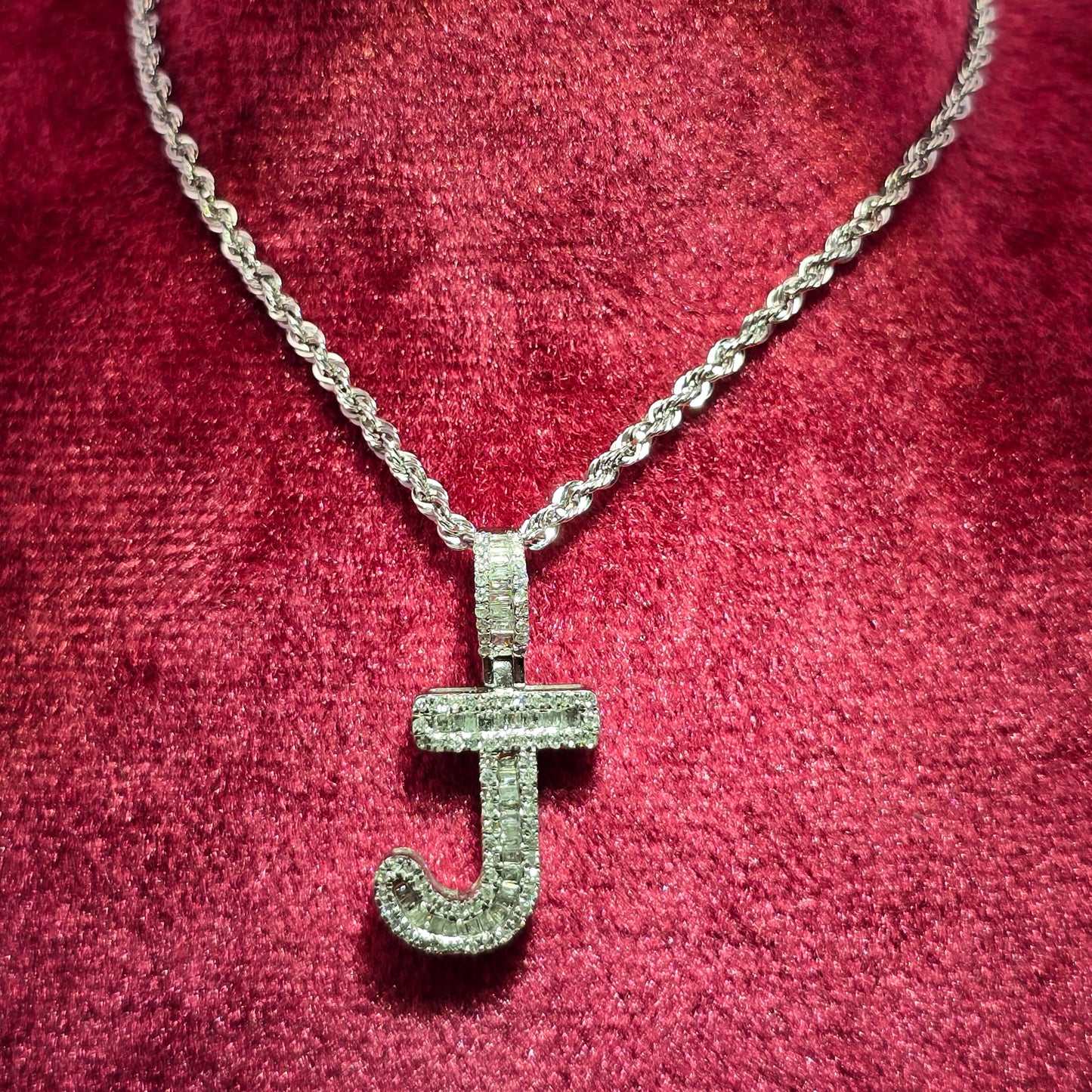 10K White Gold Diamond “J” Initial Pendant with Rope Chain | 0.38 CTW Personalized Necklace