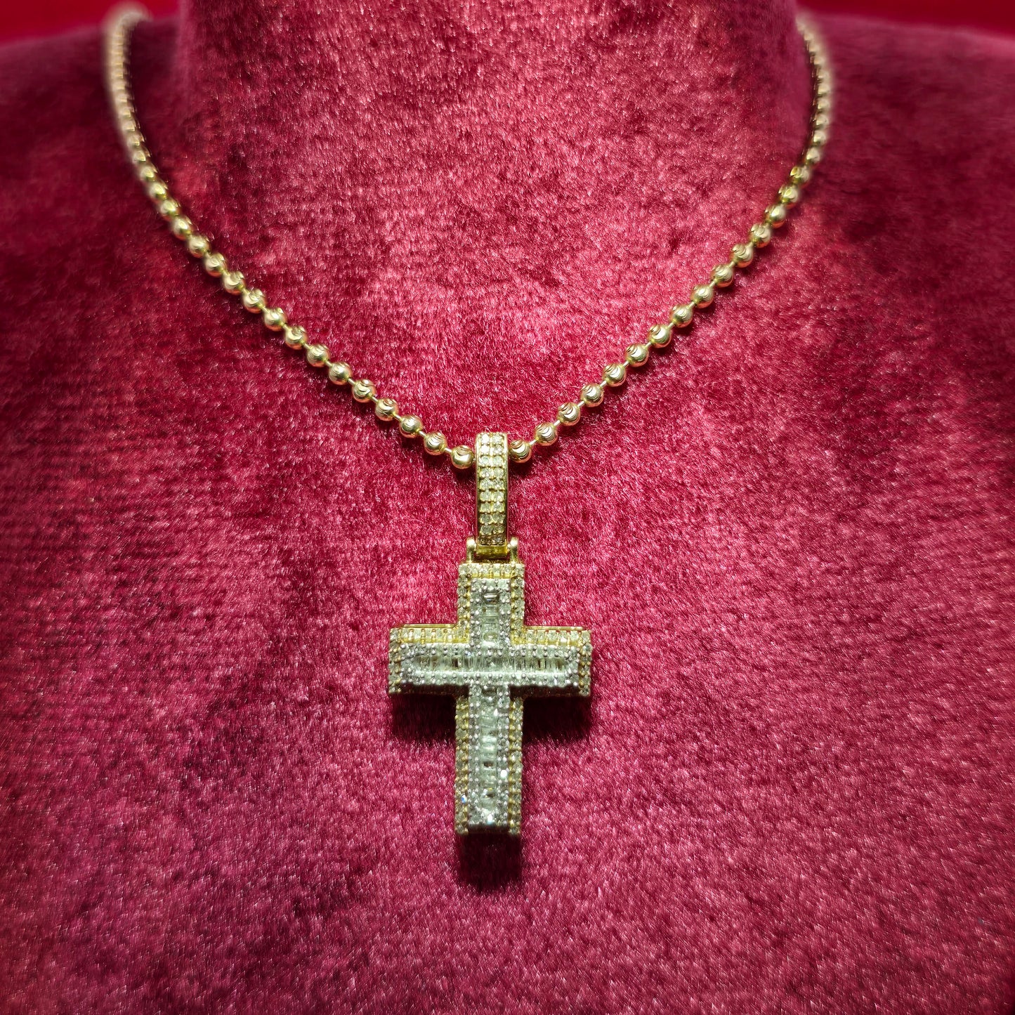 10K Yellow Gold Diamond Cross Pendant with Moon Cut Chain | 0.60 CTW