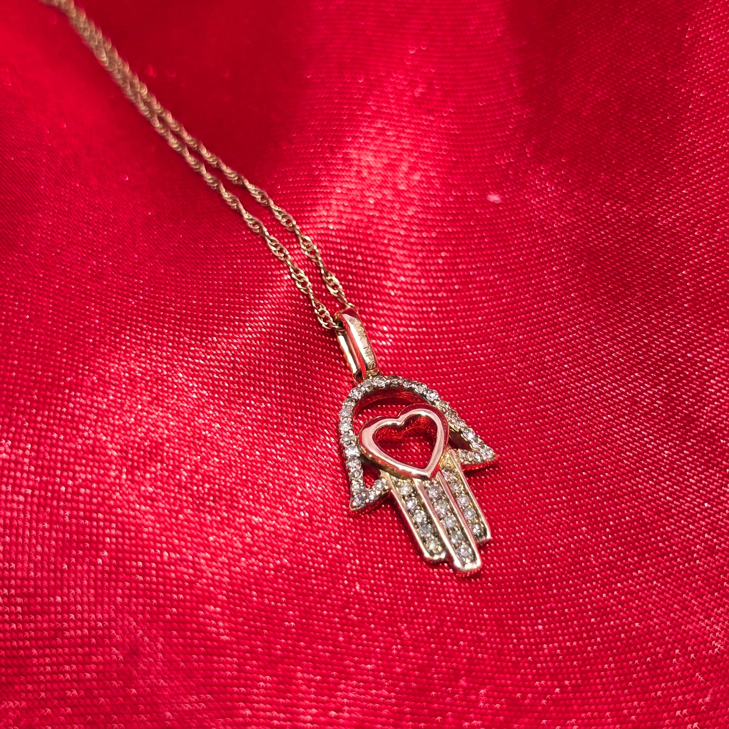 10K Rose Gold Diamond Hamsa Hand Necklace for Women | Heart Accent | 0.70 CTW