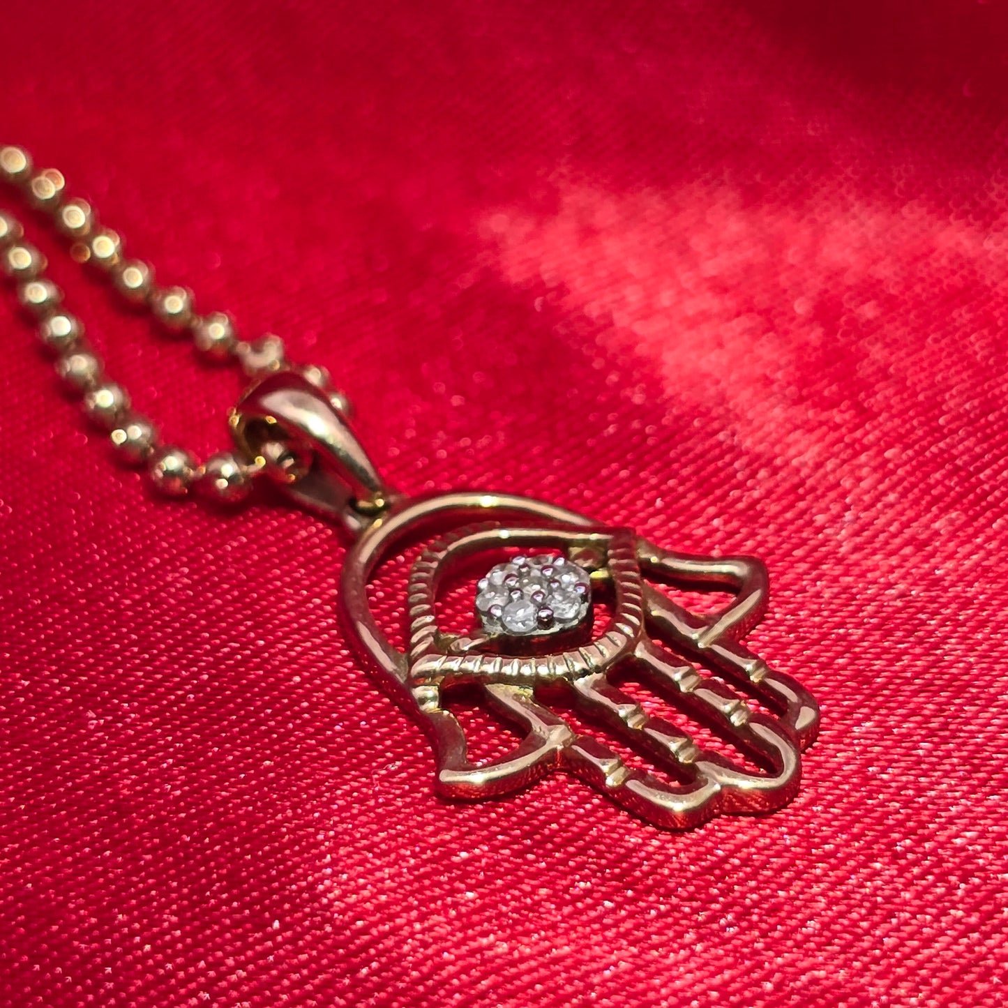 10K Yellow Gold Women's Diamond Hamsa Hand Necklace Set 0.10 CTW | Moon Cut Chain | Protective Evil Eye Charm Jewelry