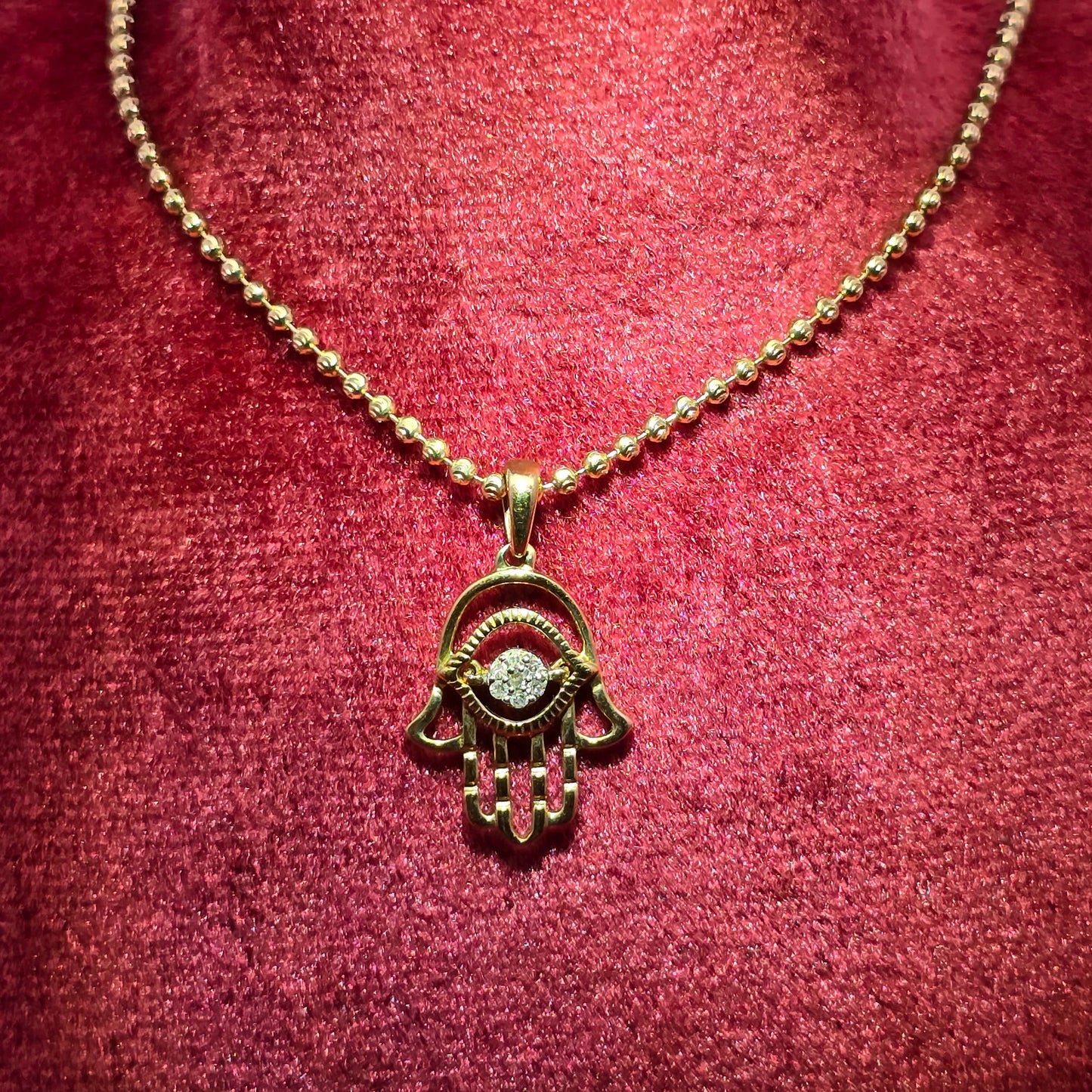 10K Yellow Gold Women's Diamond Hamsa Hand Necklace Set 0.10 CTW | Moon Cut Chain | Protective Evil Eye Charm Jewelry