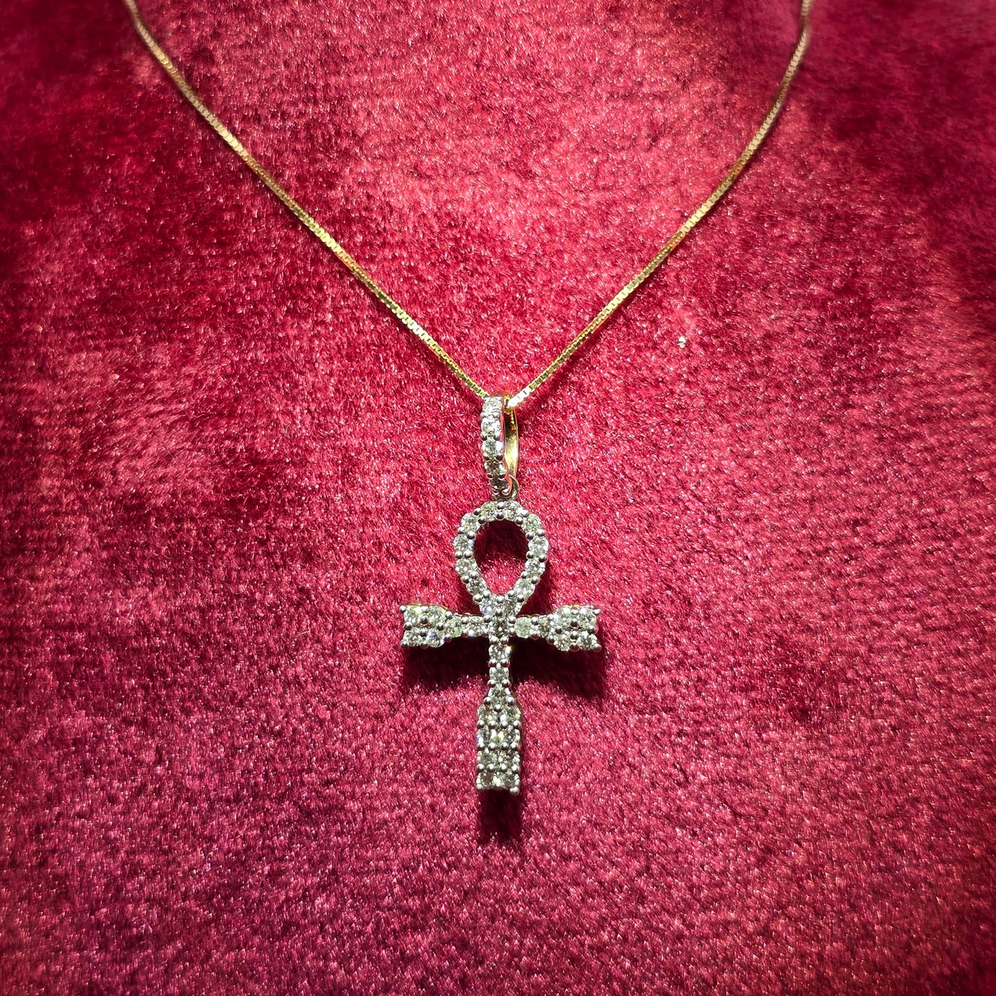 10K Yellow Gold Diamond Ankh Cross Necklace Set for Women | 0.45 CTW