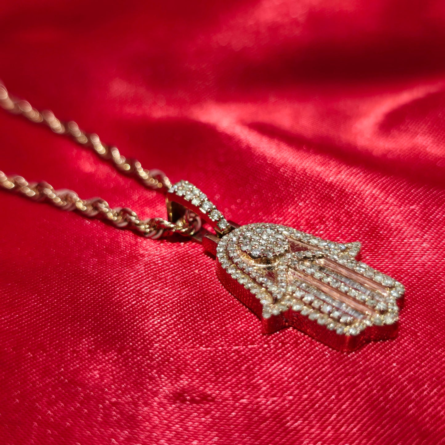 1.00 CTW Diamond Hamsa Pendant in 10K Rose Gold | Unisex Protection Necklace