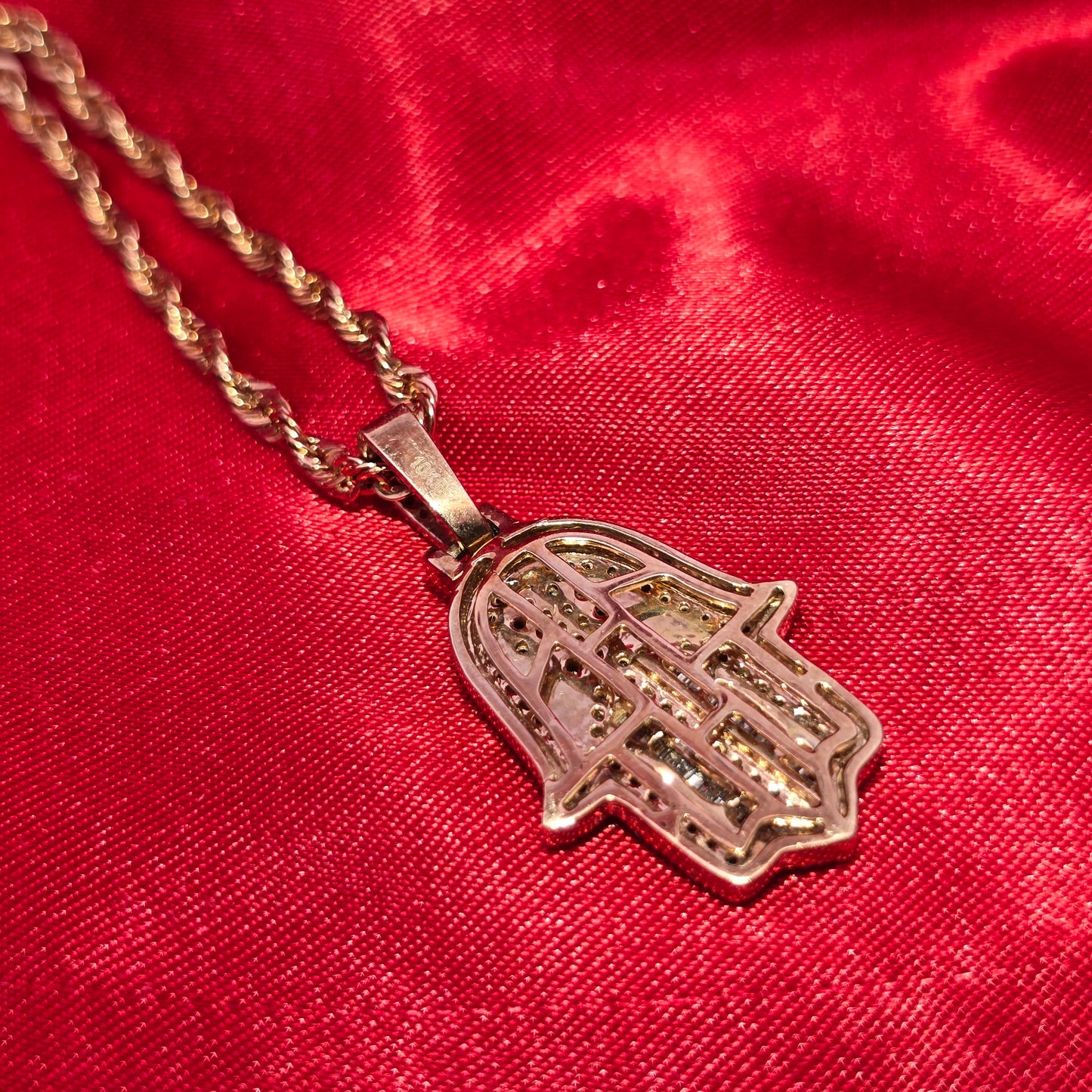 1.00 CTW Diamond Hamsa Pendant in 10K Rose Gold | Unisex Protection Necklace