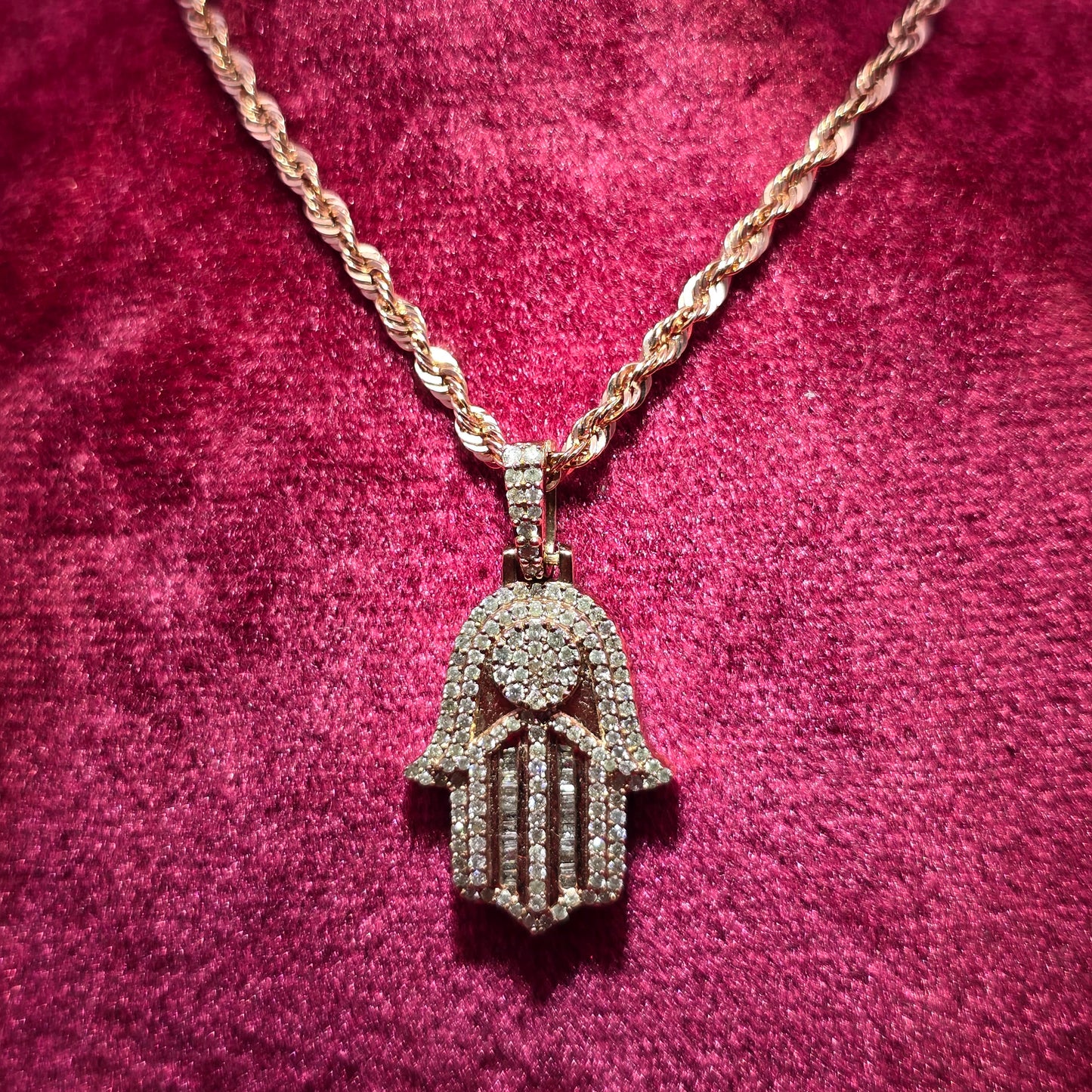 1.00 CTW Diamond Hamsa Pendant in 10K Rose Gold | Unisex Protection Necklace