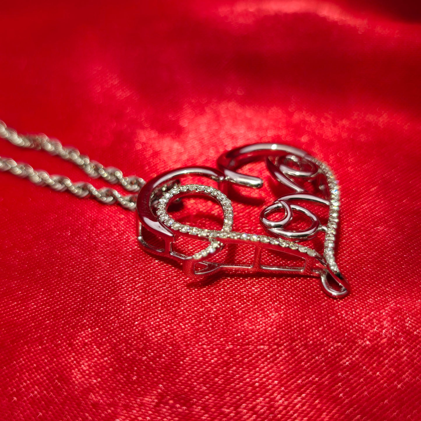 10k White Gold Diamond Heart Love Pendant & Rope Chain 0.26 ctw