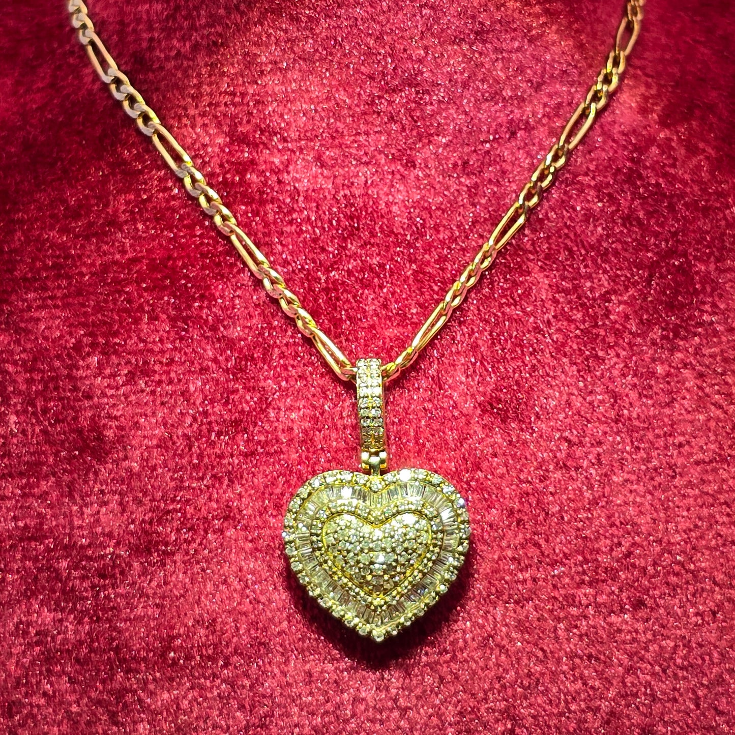 10K Yellow Gold Diamond Heart Pendant with Figaro Chain for Women 0.50 CTW | Jewelry Palace