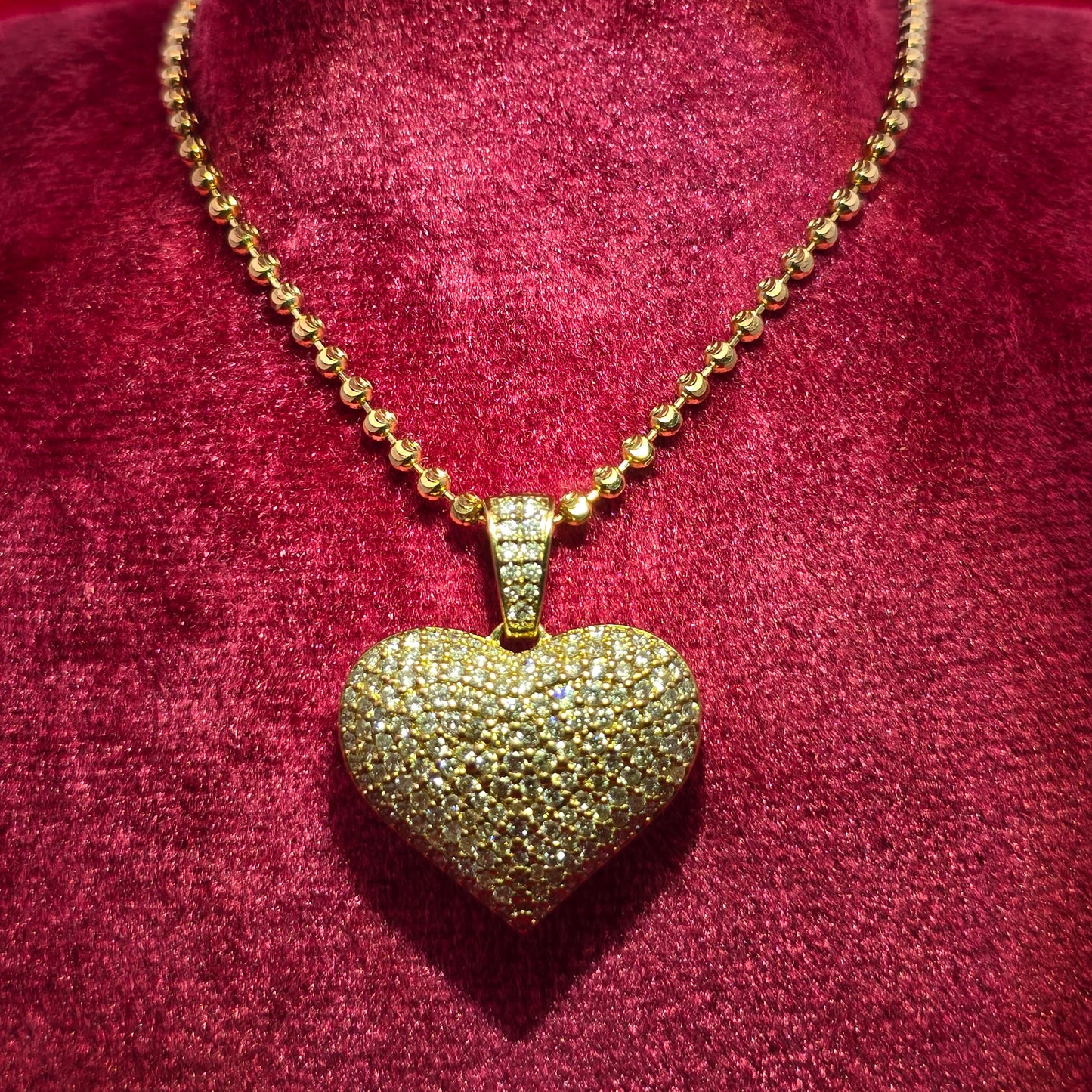 10K Yellow Gold Diamond Heart Pendant with Moon Cut Chain for Women | Iced Heart Look