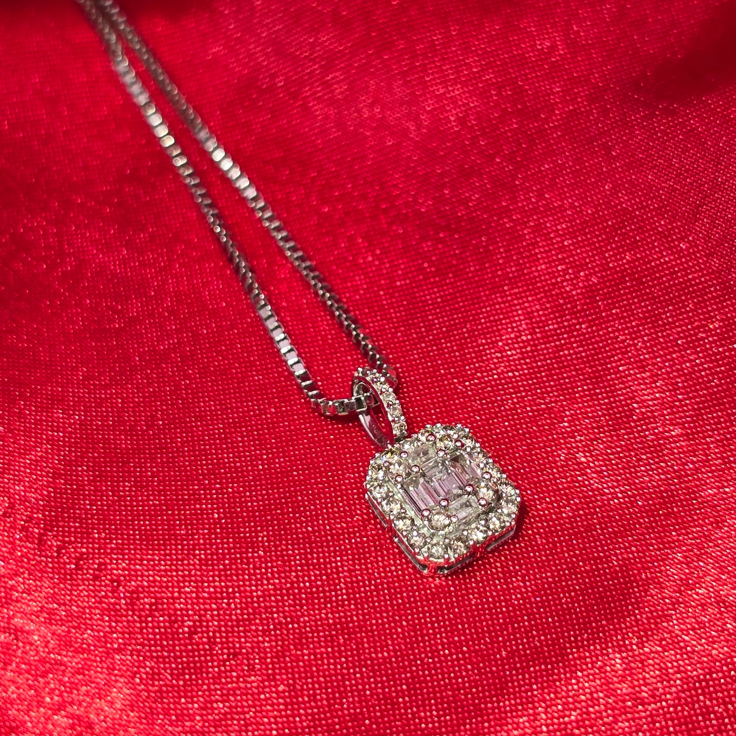 14k White Gold Diamond Square Square Pendant With 10k White Gold Box Chain 0.65 ctw