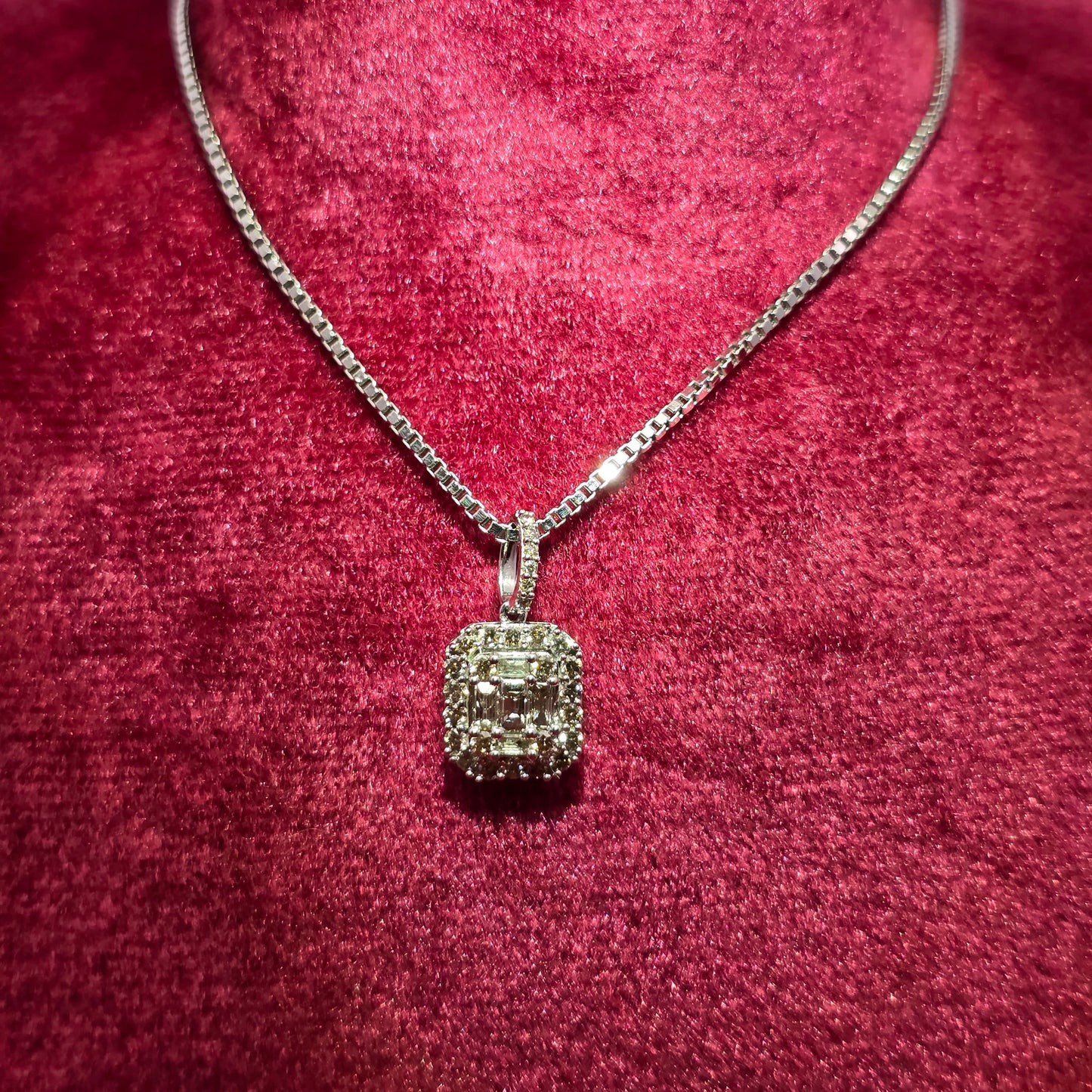 14k White Gold Diamond Square Square Pendant With 10k White Gold Box Chain 0.65 ctw