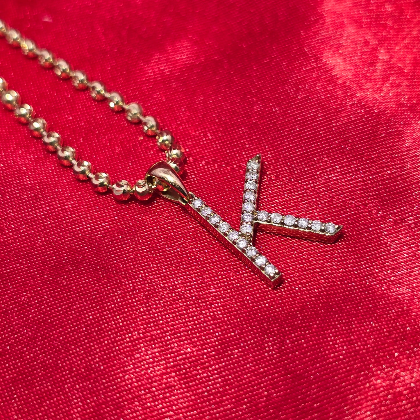 10K Yellow Gold Diamond "K" Initial Pendant Necklace with Moon Cut Chain – 1/8 CTW